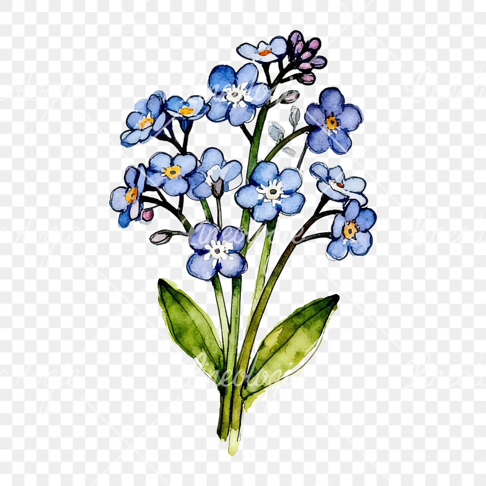Watercolor blue forget me not bouquet clipart 4 of 9 on a transparent background (PNG)