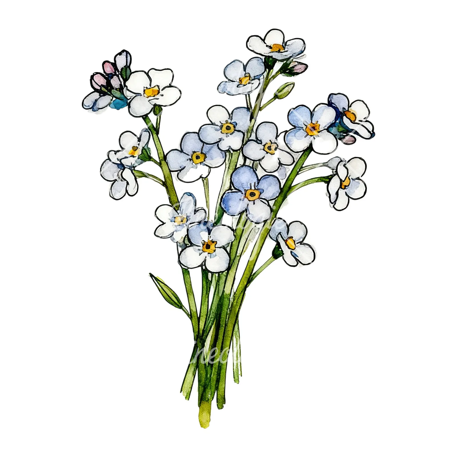 Watercolor blue forget me not bouquet clipart 5 of 9 on a white background (JPG)