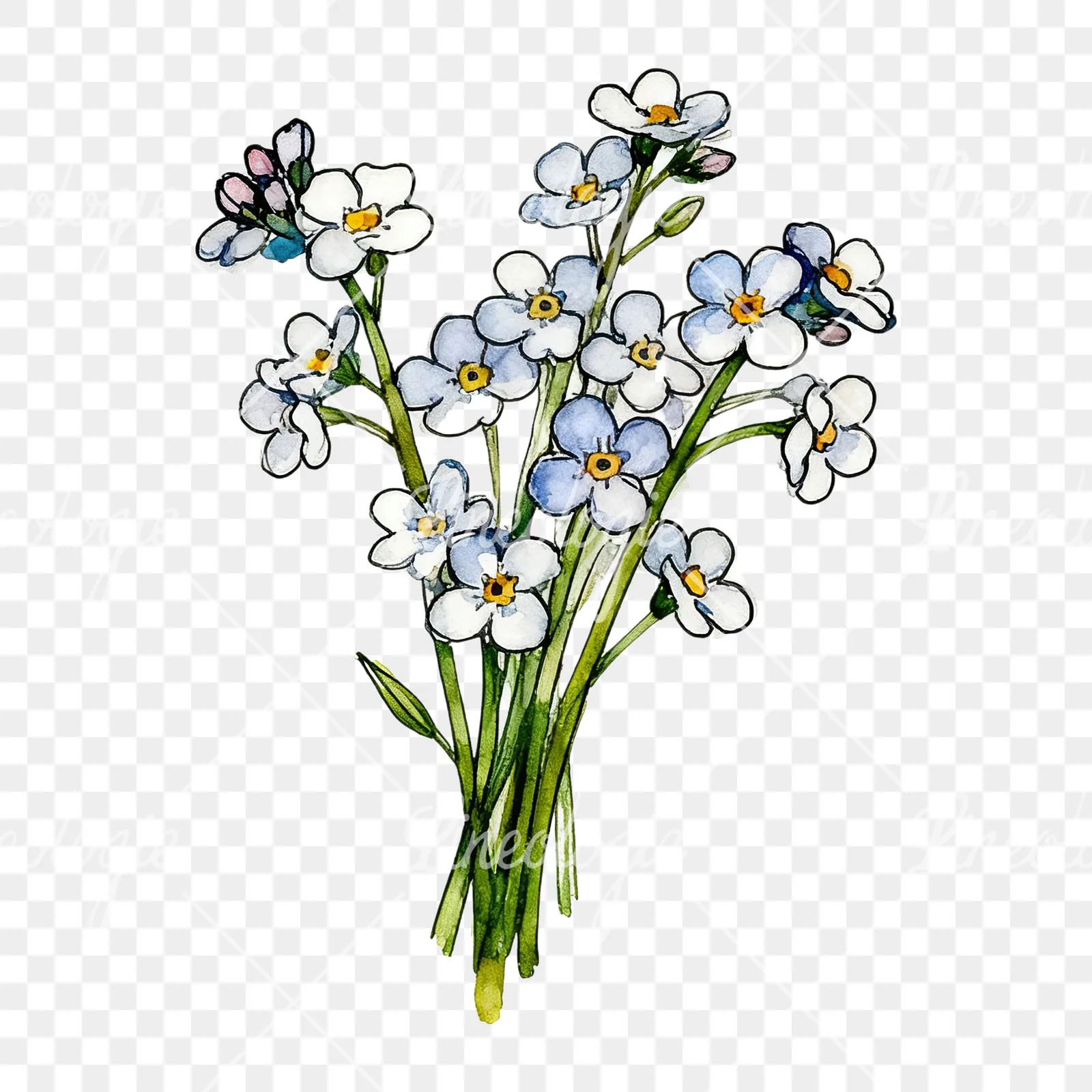 Watercolor blue forget me not bouquet clipart 5 of 9 on a transparent background (PNG)
