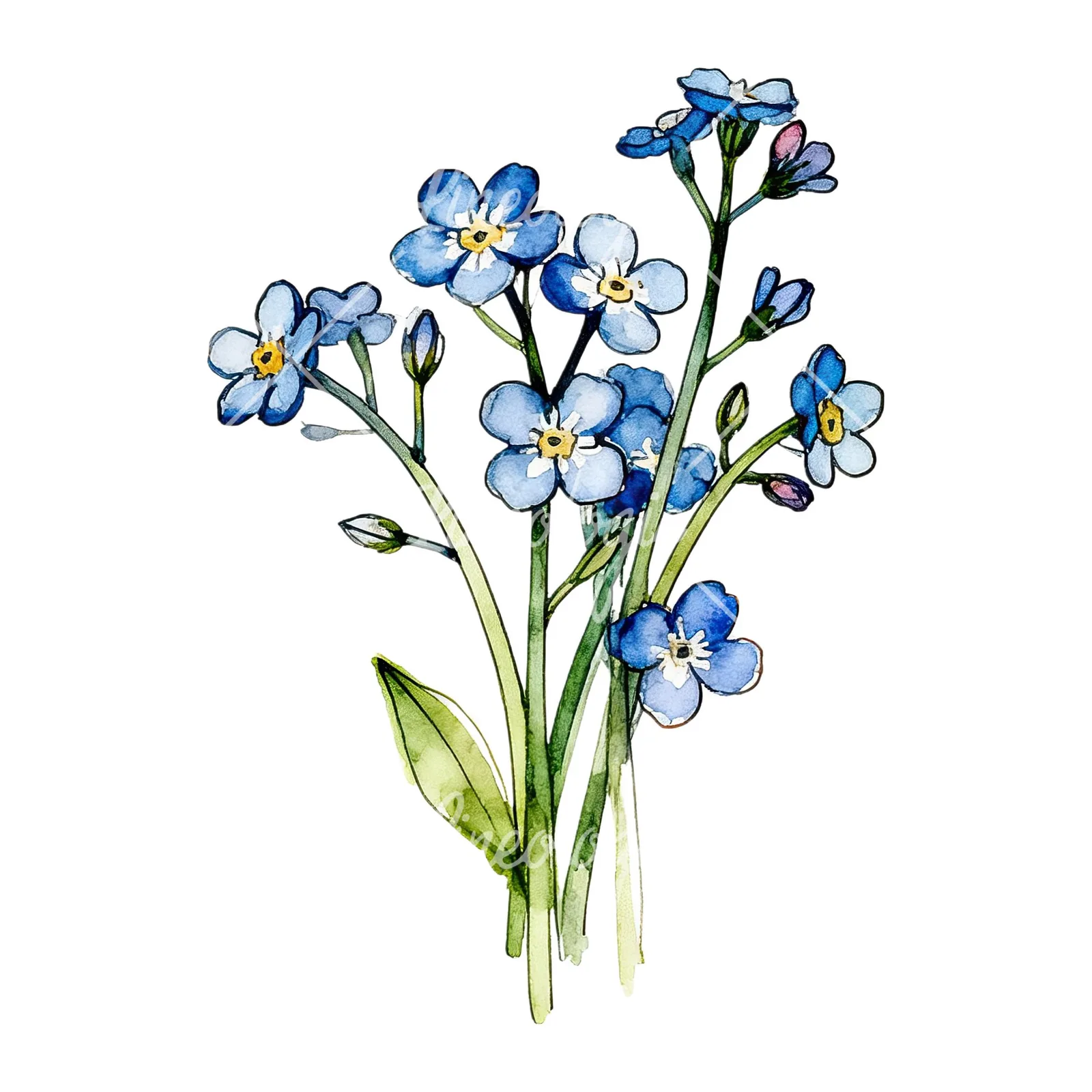 Watercolor blue forget me not bouquet clipart 6 of 9 on a white background (JPG)