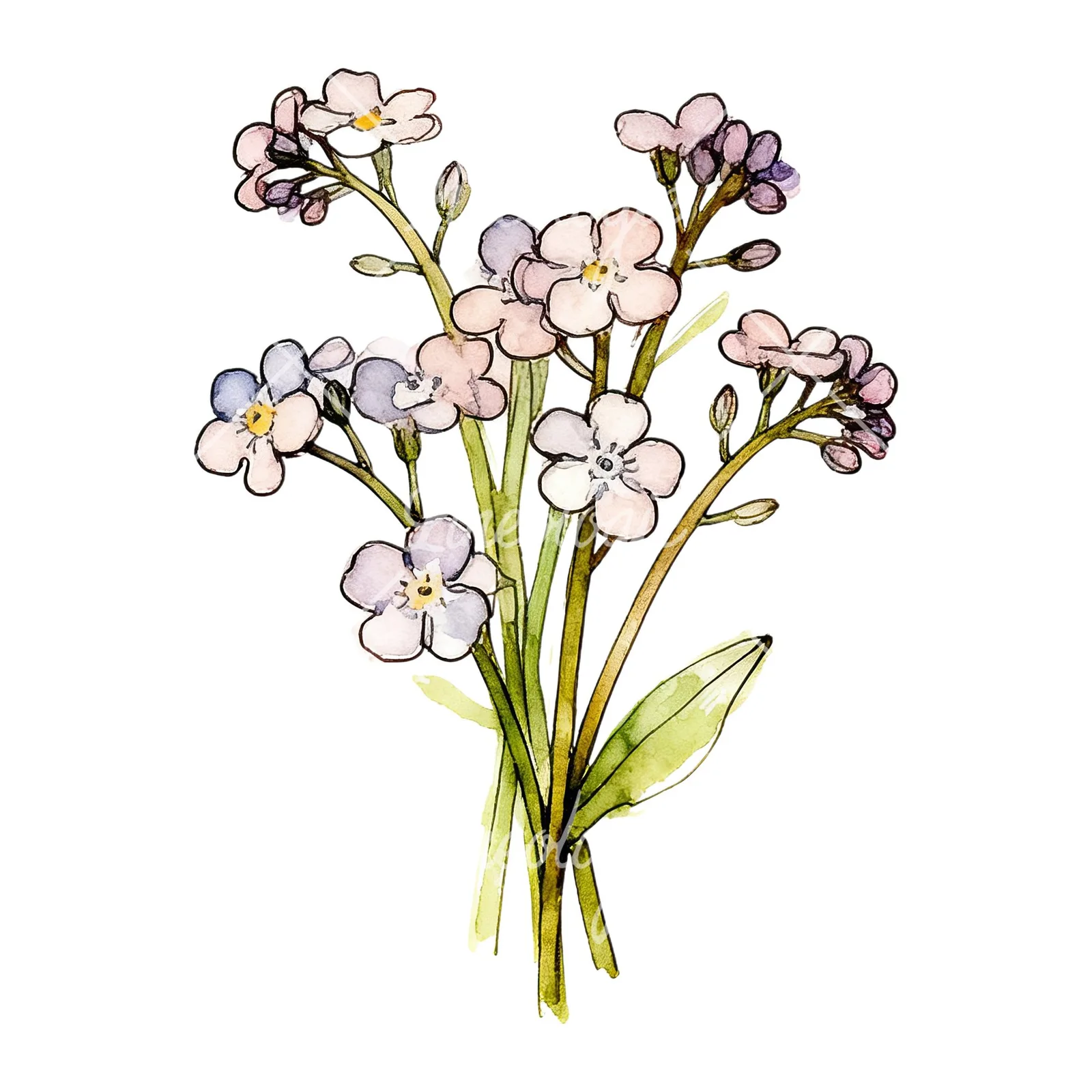 Watercolor blue forget me not bouquet clipart 7 of 9 on a white background (JPG)