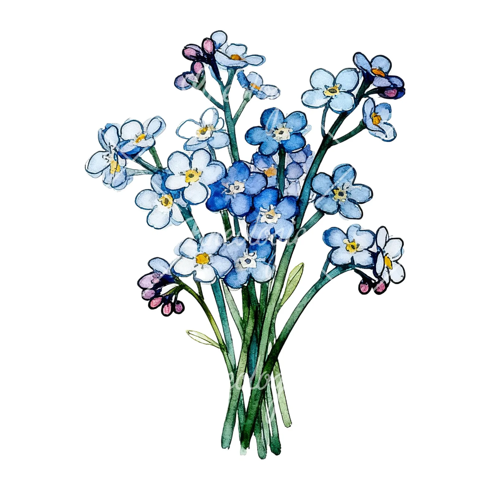 Watercolor blue forget me not bouquet clipart 8 of 9 on a white background (JPG)