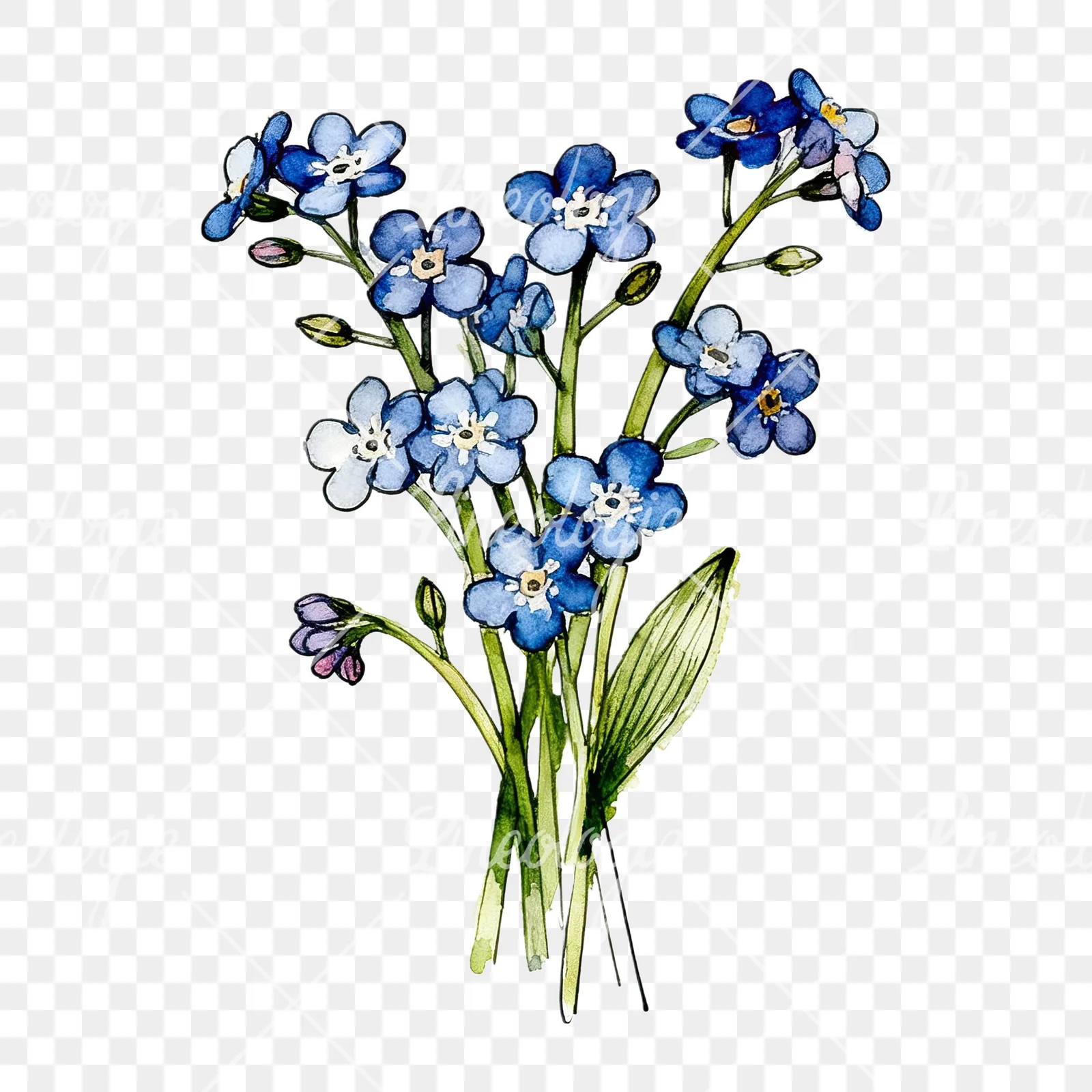 Watercolor blue forget me not bouquet clipart 9 of 9 on a transparent background (PNG)