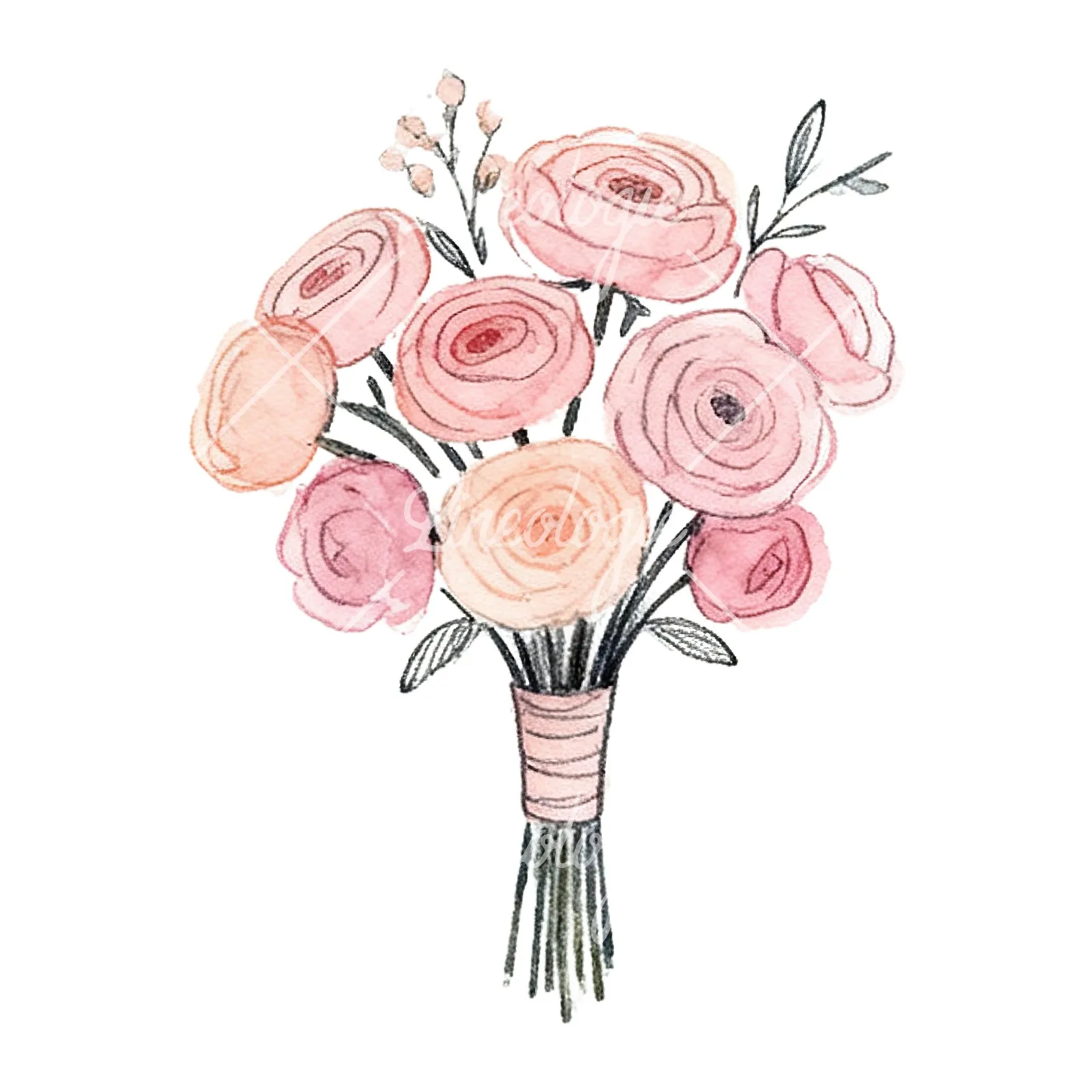 Watercolor blush pink and peach wedding bouquet with ribbons clipart 2 of 9 on a white background (JPG)
