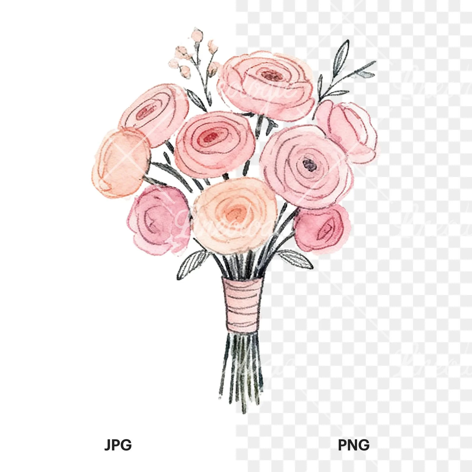 Watercolor blush pink and peach wedding bouquet with ribbons clipart 2 of 9, as a JPG on white and a transparent PNG