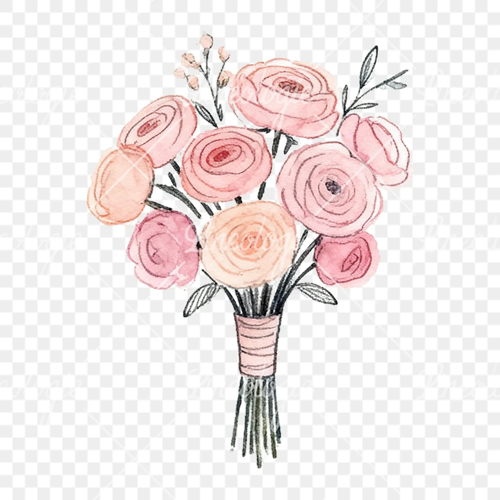 Watercolor blush pink and peach wedding bouquet with ribbons clipart 2 of 9 on a transparent background (PNG)