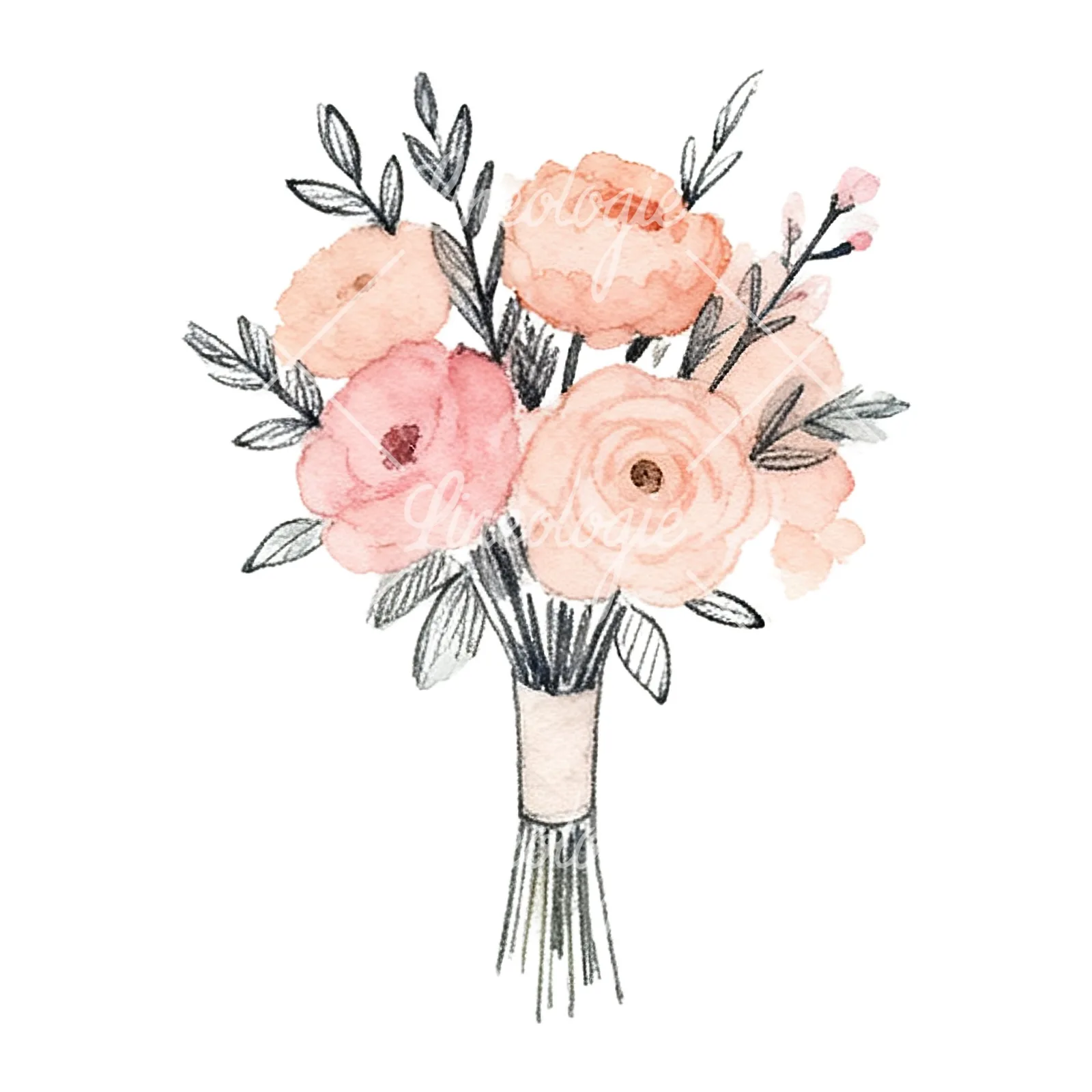 Watercolor blush pink and peach wedding bouquet with ribbons clipart 3 of 9 on a white background (JPG)