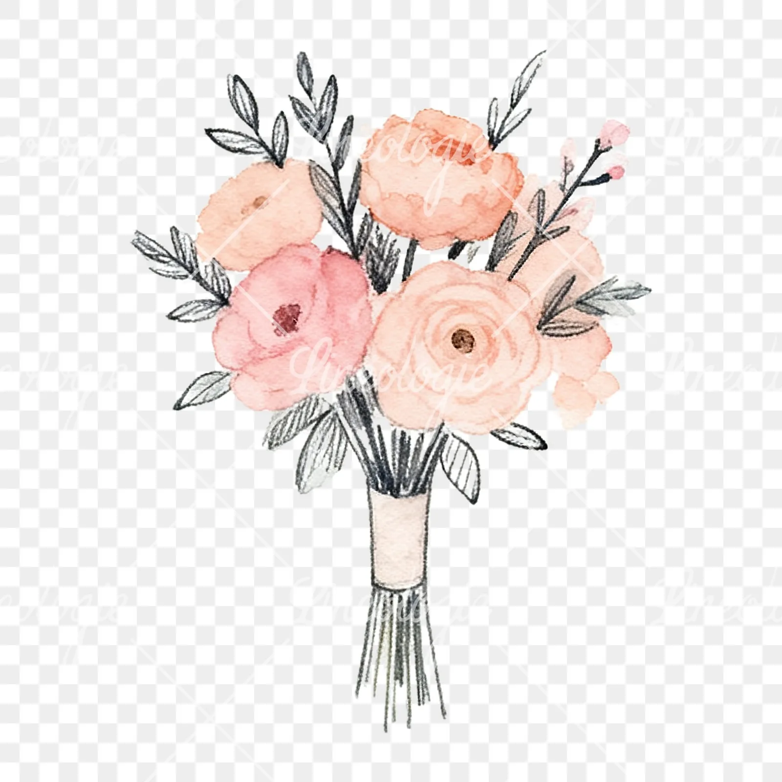 Watercolor blush pink and peach wedding bouquet with ribbons clipart 3 of 9 on a transparent background (PNG)
