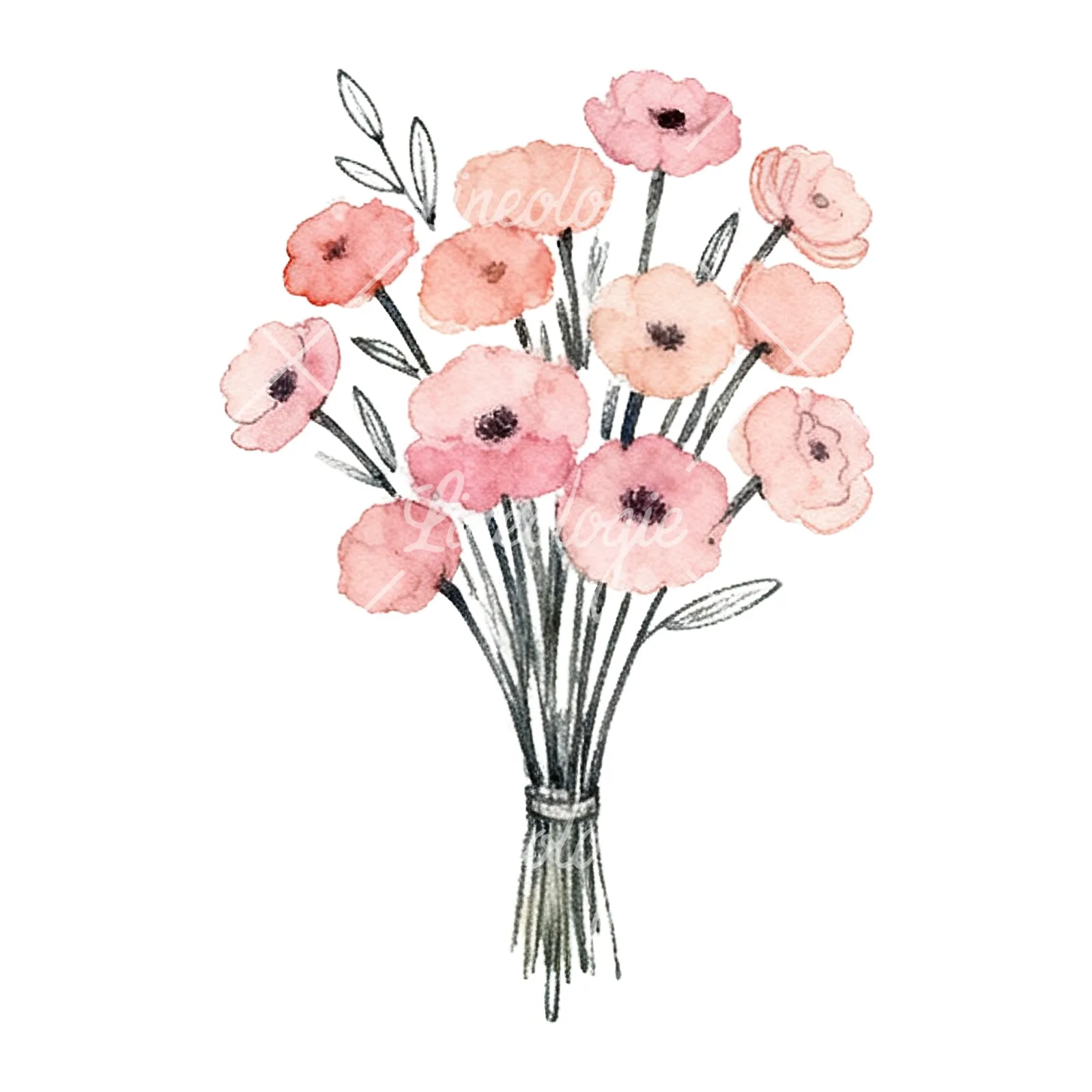 Watercolor blush pink and peach wedding bouquet with ribbons clipart 4 of 9 on a white background (JPG)