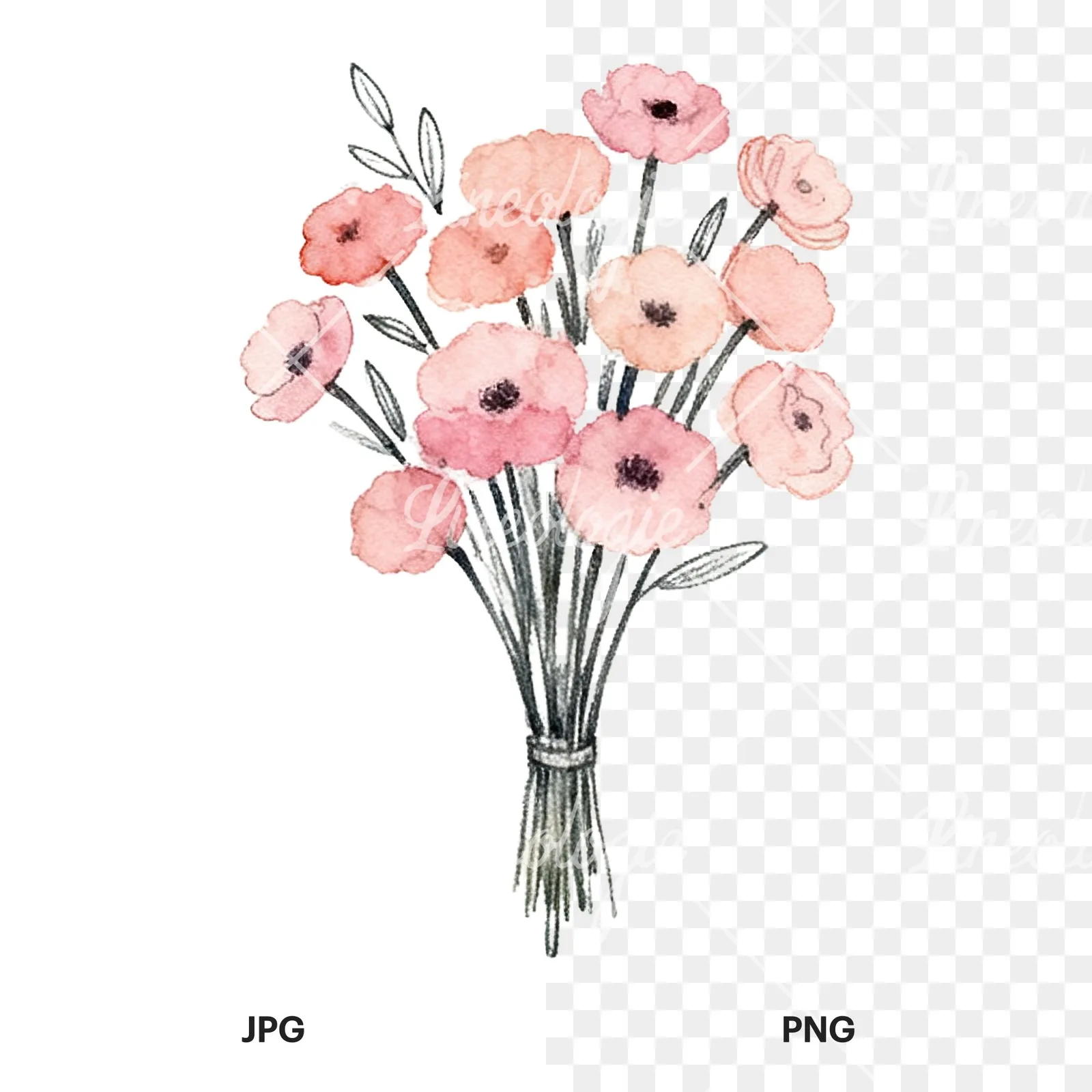 Watercolor blush pink and peach wedding bouquet with ribbons clipart 4 of 9, as a JPG on white and a transparent PNG