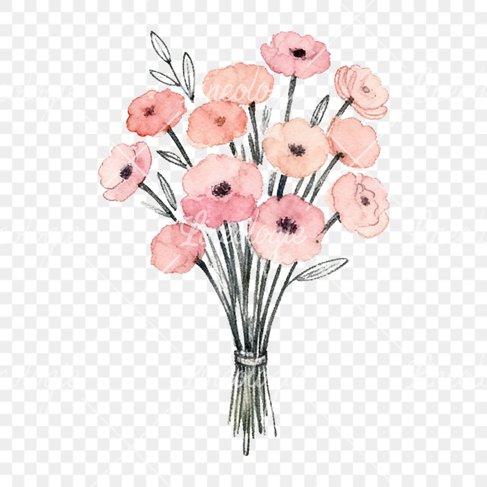 Watercolor blush pink and peach wedding bouquet with ribbons clipart 4 of 9 on a transparent background (PNG)