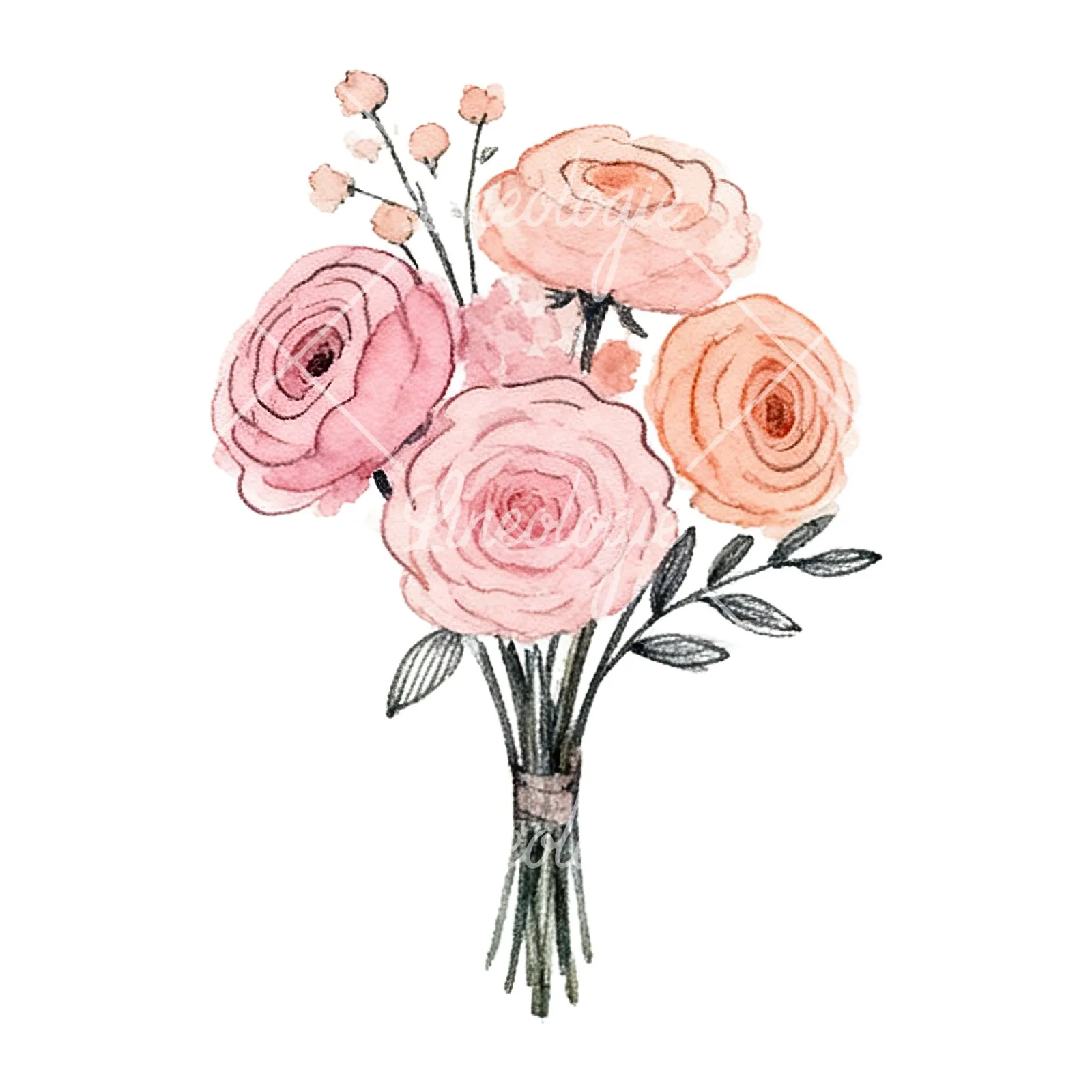 Watercolor blush pink and peach wedding bouquet with ribbons clipart 5 of 9 on a white background (JPG)