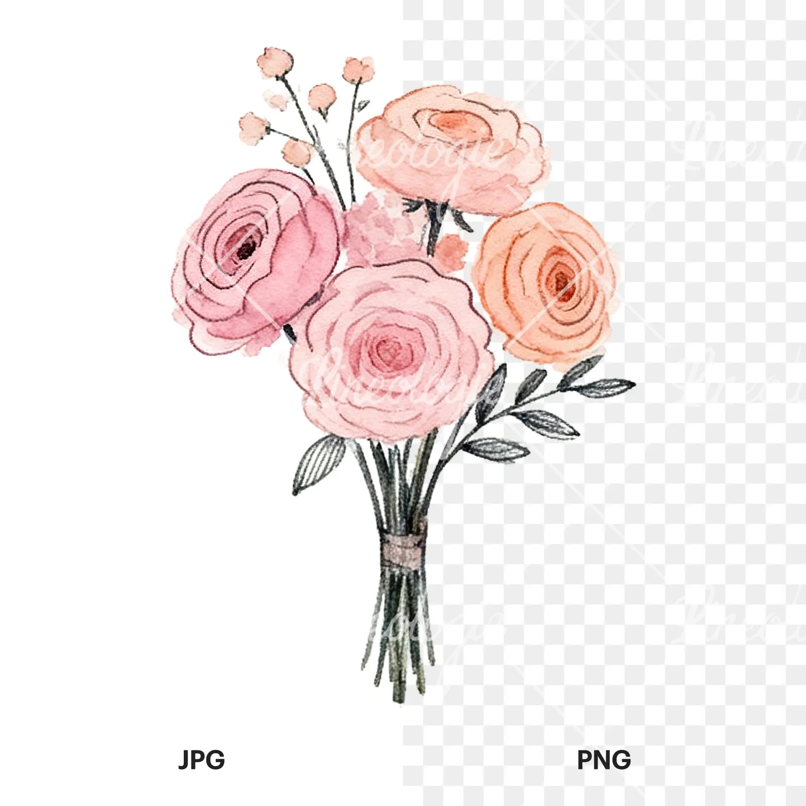 Watercolor blush pink and peach wedding bouquet with ribbons clipart 5 of 9, as a JPG on white and a transparent PNG