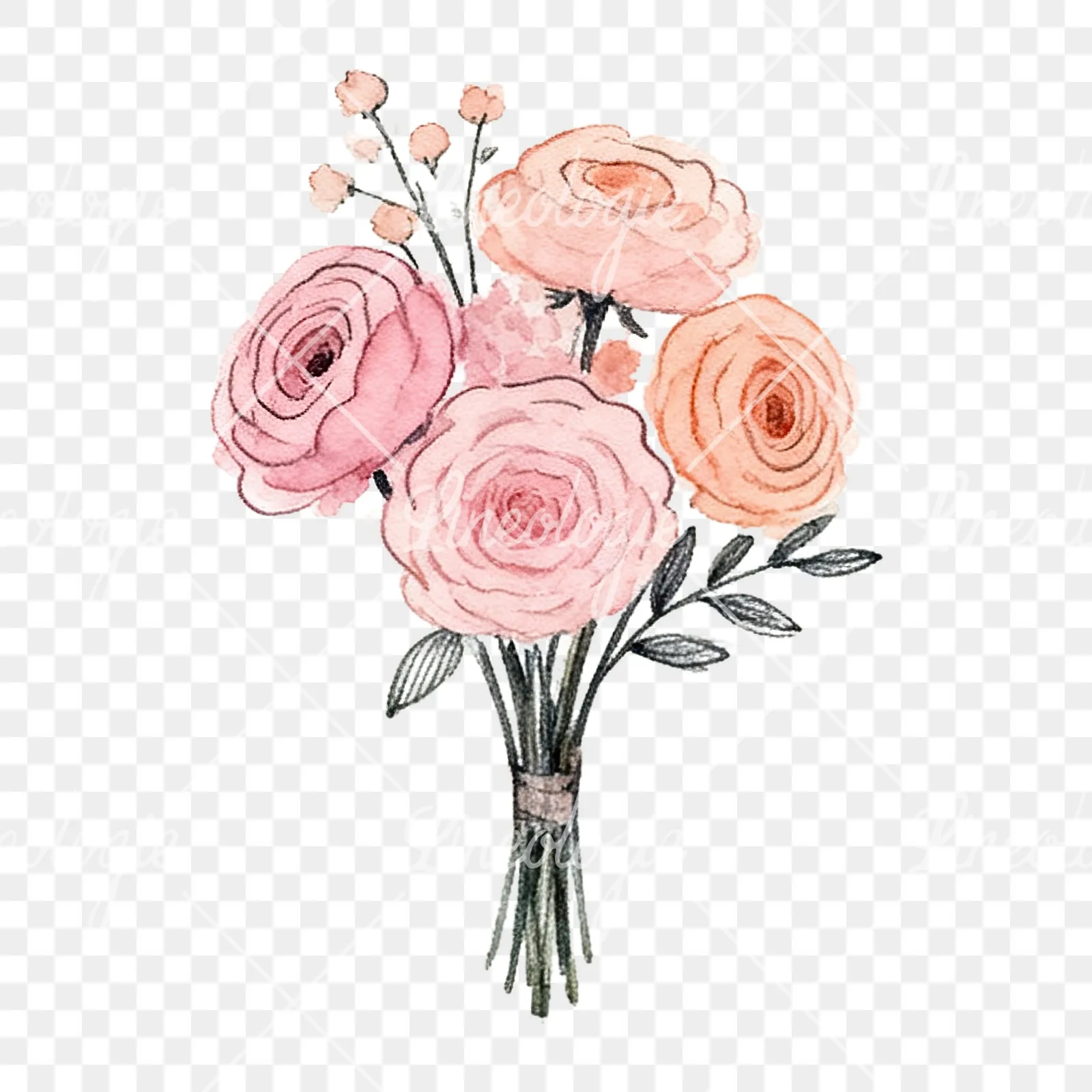 Watercolor blush pink and peach wedding bouquet with ribbons clipart 5 of 9 on a transparent background (PNG)