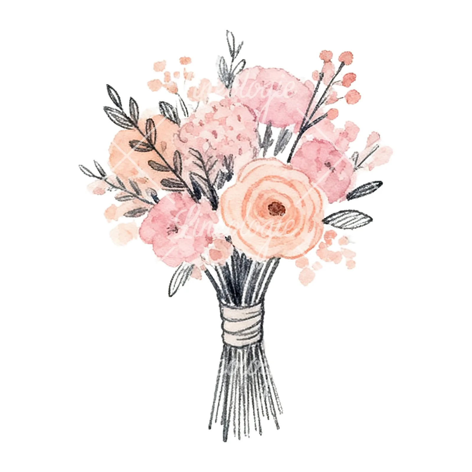 Watercolor blush pink and peach wedding bouquet with ribbons clipart 6 of 9 on a white background (JPG)