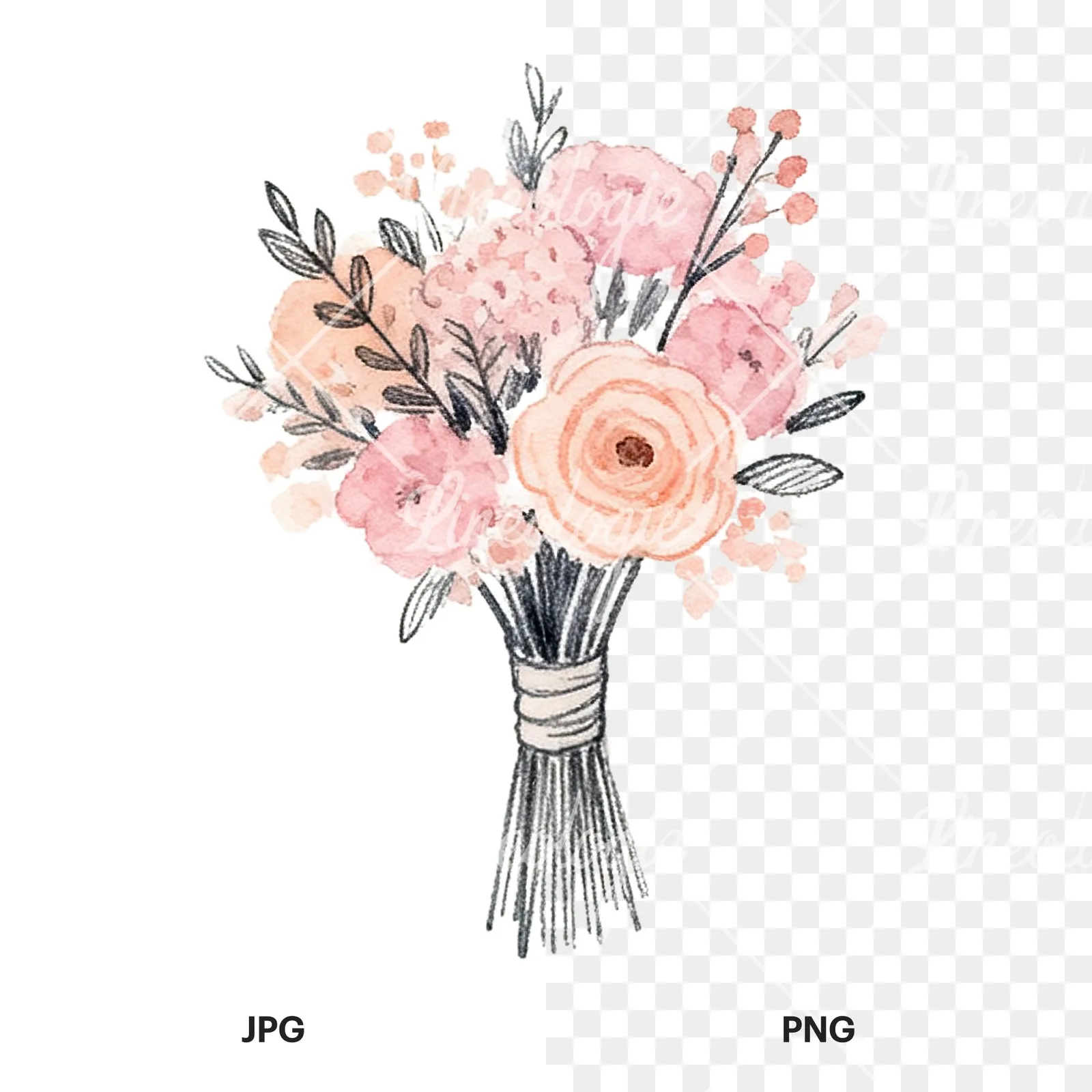 Watercolor blush pink and peach wedding bouquet with ribbons clipart 6 of 9, as a JPG on white and a transparent PNG
