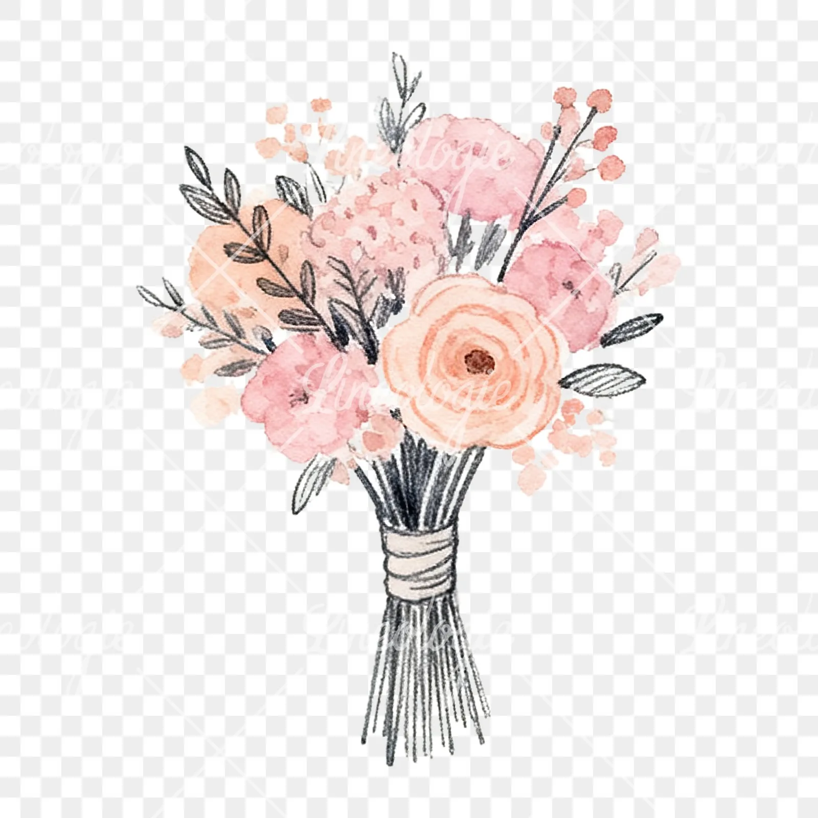 Watercolor blush pink and peach wedding bouquet with ribbons clipart 6 of 9 on a transparent background (PNG)