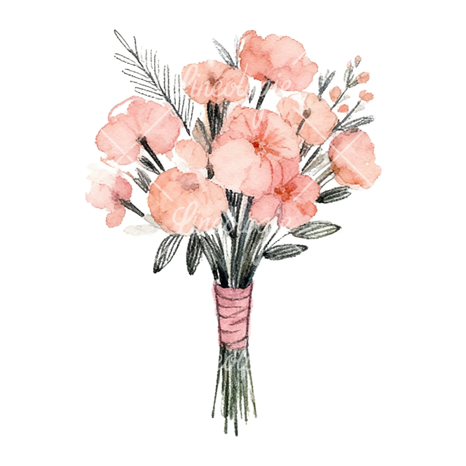 Watercolor blush pink and peach wedding bouquet with ribbons clipart 7 of 9 on a white background (JPG)