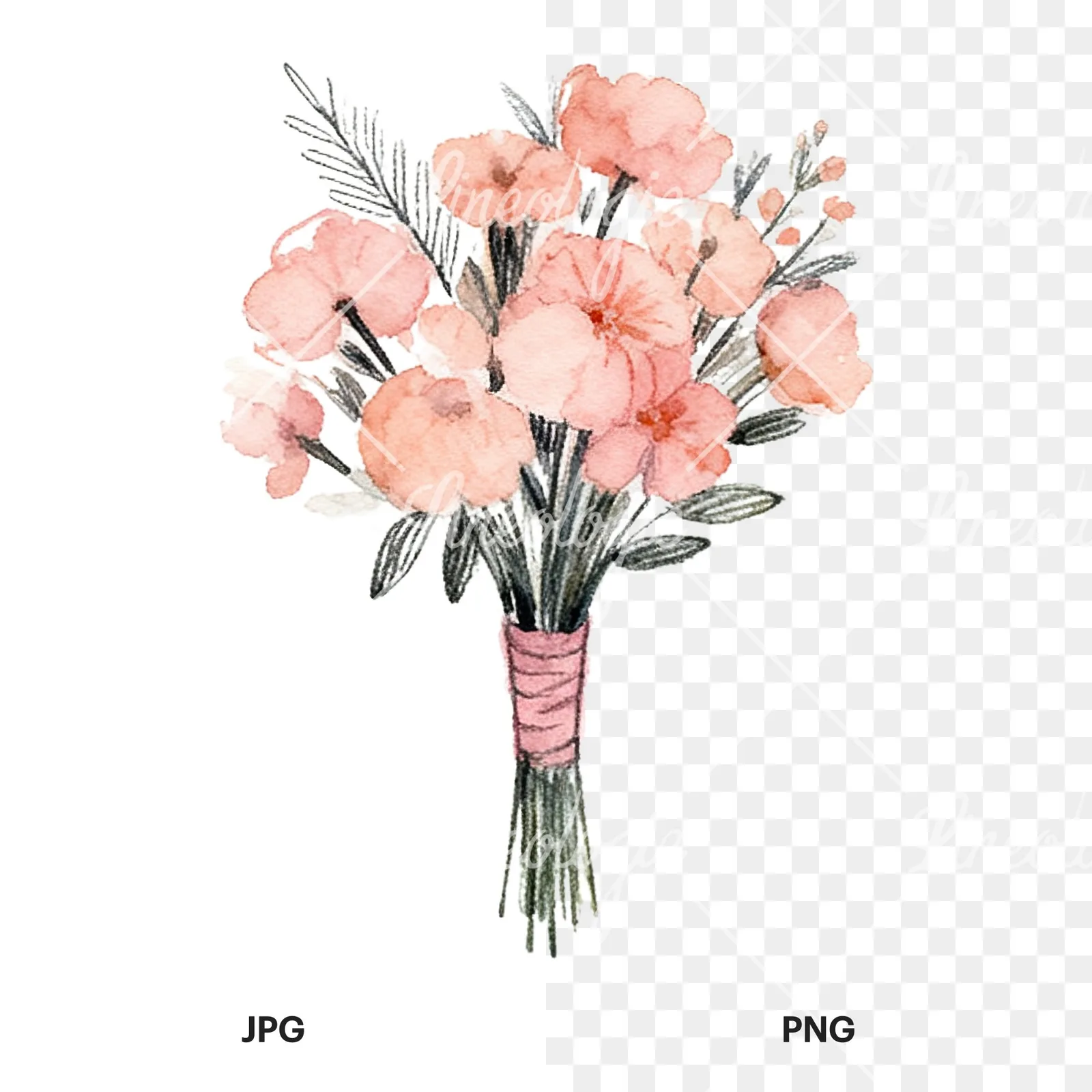 Watercolor blush pink and peach wedding bouquet with ribbons clipart 7 of 9, as a JPG on white and a transparent PNG