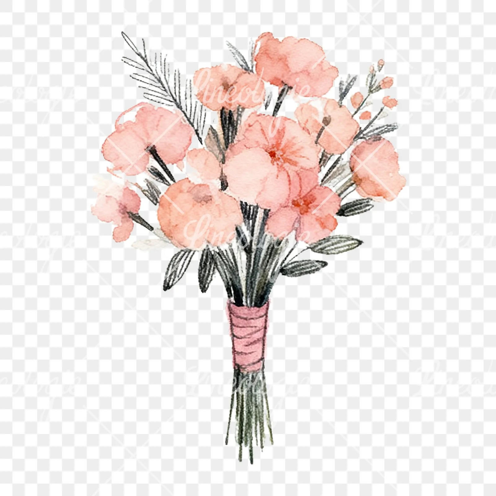 Watercolor blush pink and peach wedding bouquet with ribbons clipart 7 of 9 on a transparent background (PNG)