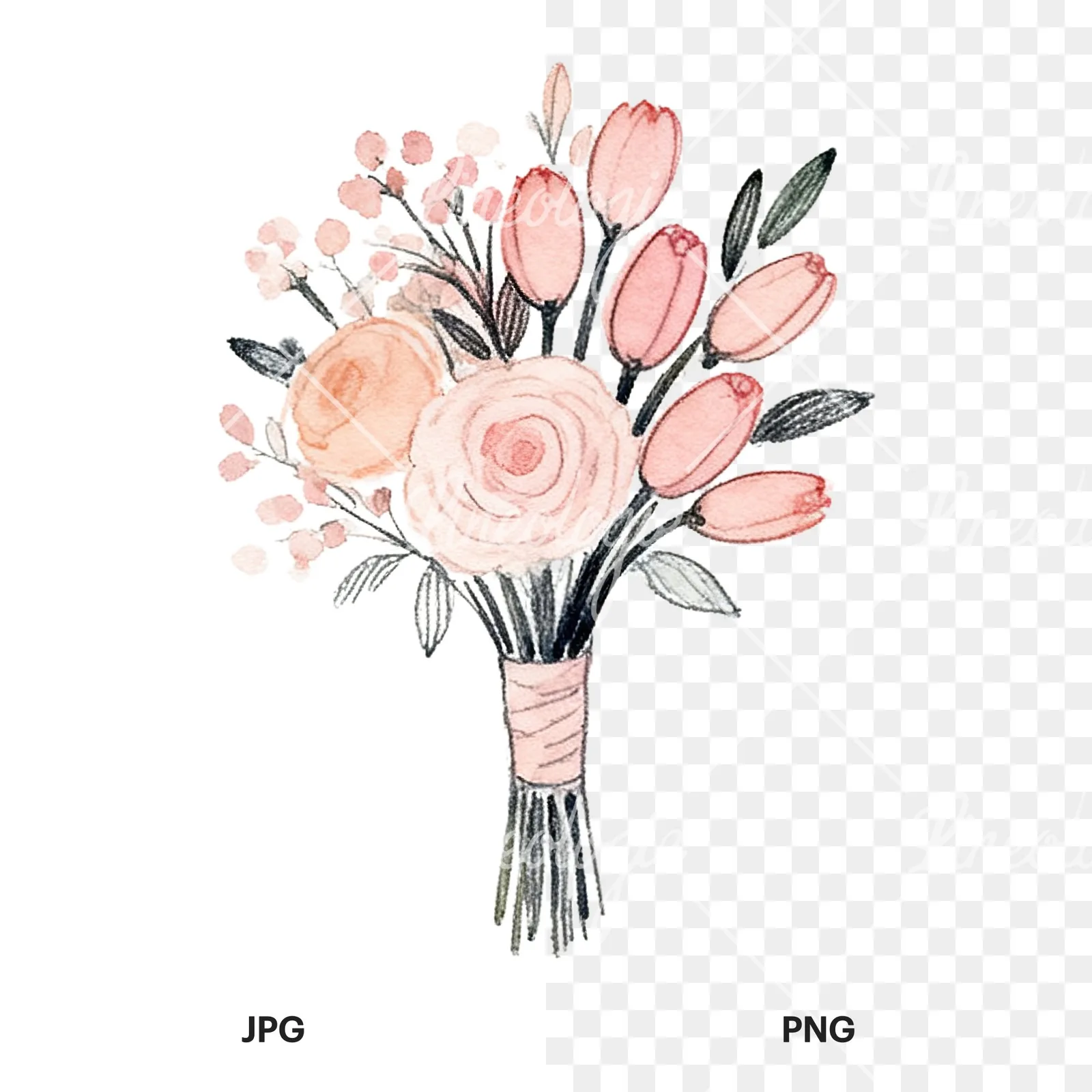 Watercolor blush pink and peach wedding bouquet with ribbons clipart 8 of 9, as a JPG on white and a transparent PNG