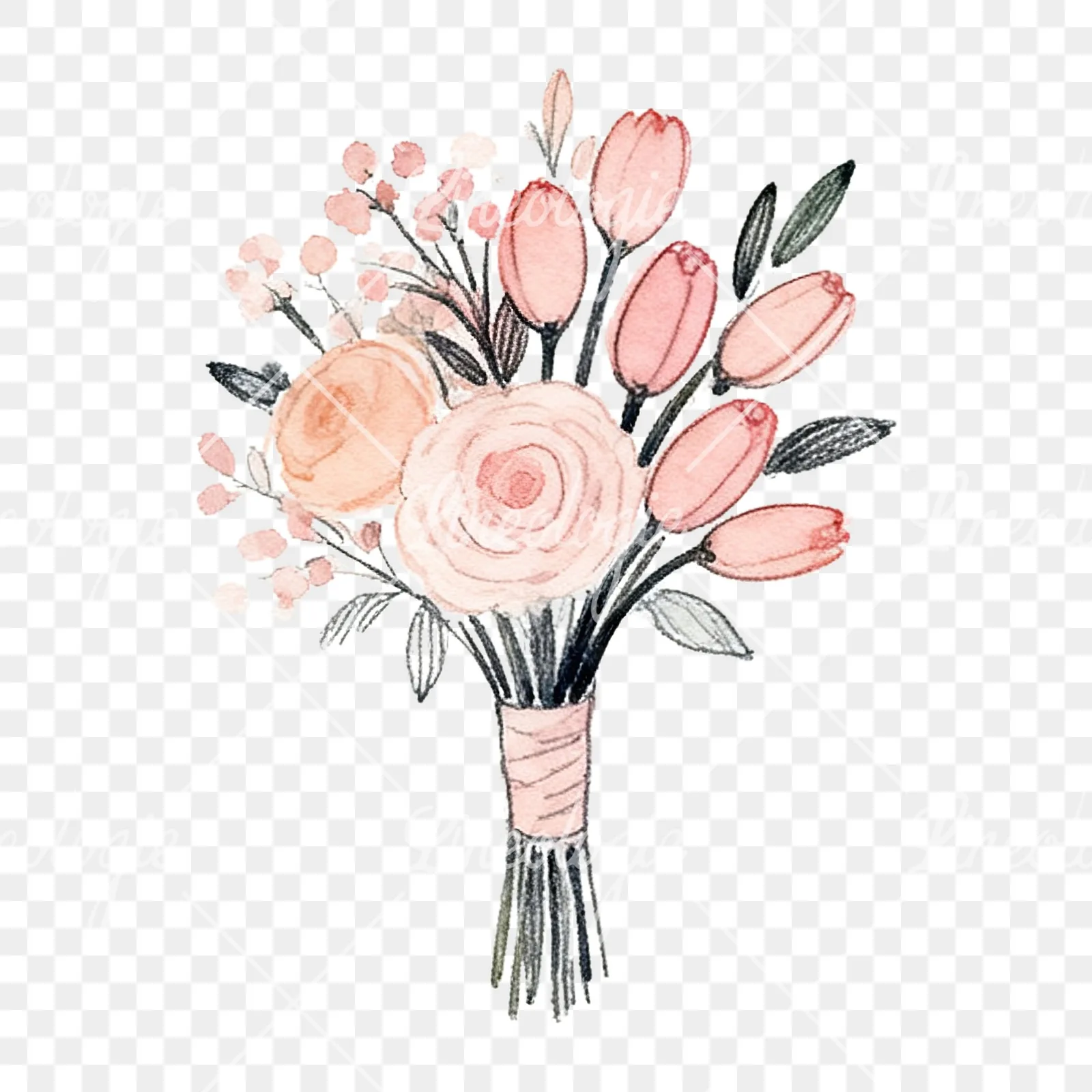 Watercolor blush pink and peach wedding bouquet with ribbons clipart 8 of 9 on a transparent background (PNG)