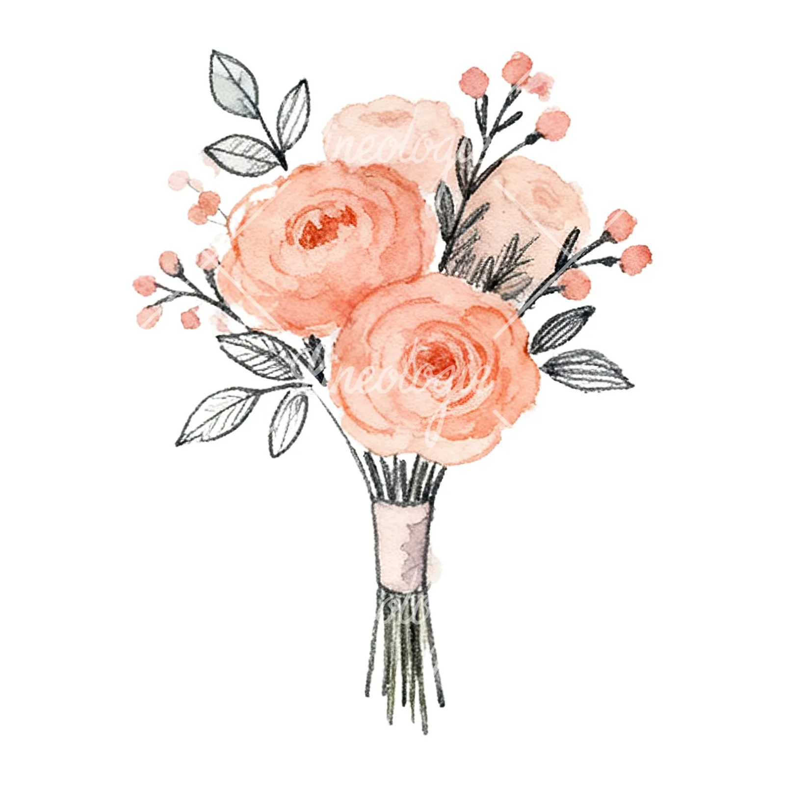 Watercolor blush pink and peach wedding bouquet with ribbons clipart 9 of 9 on a white background (JPG)