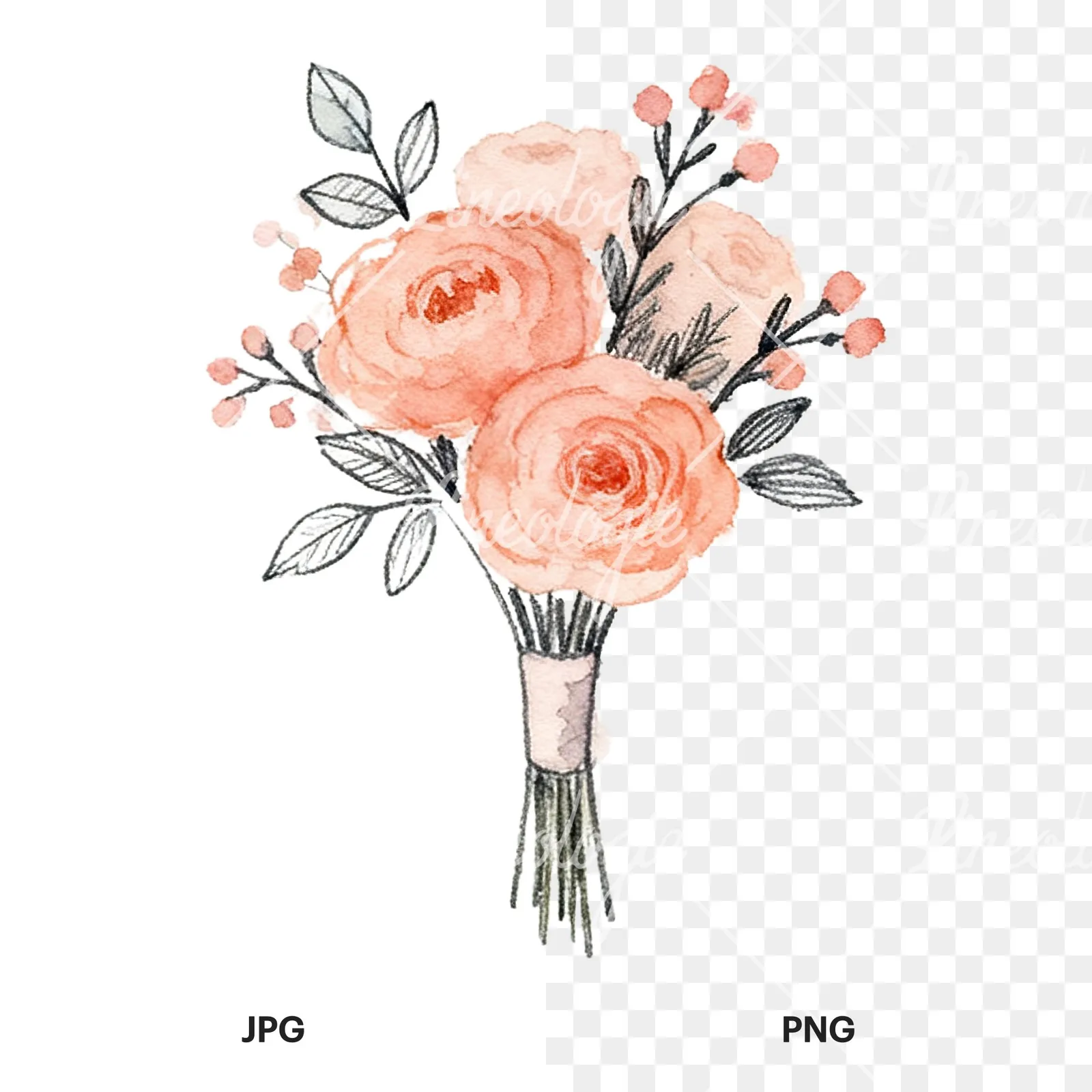 Watercolor blush pink and peach wedding bouquet with ribbons clipart 9 of 9, as a JPG on white and a transparent PNG