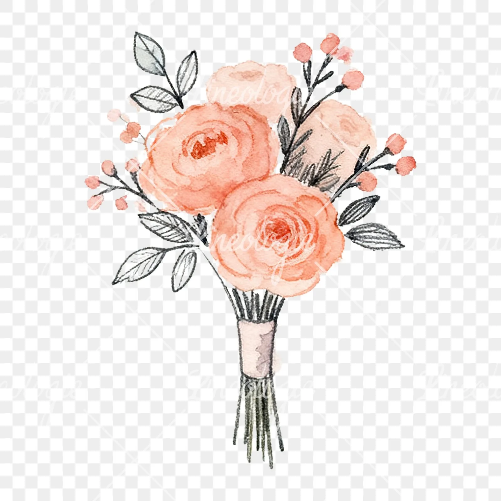 Watercolor blush pink and peach wedding bouquet with ribbons clipart 9 of 9 on a transparent background (PNG)