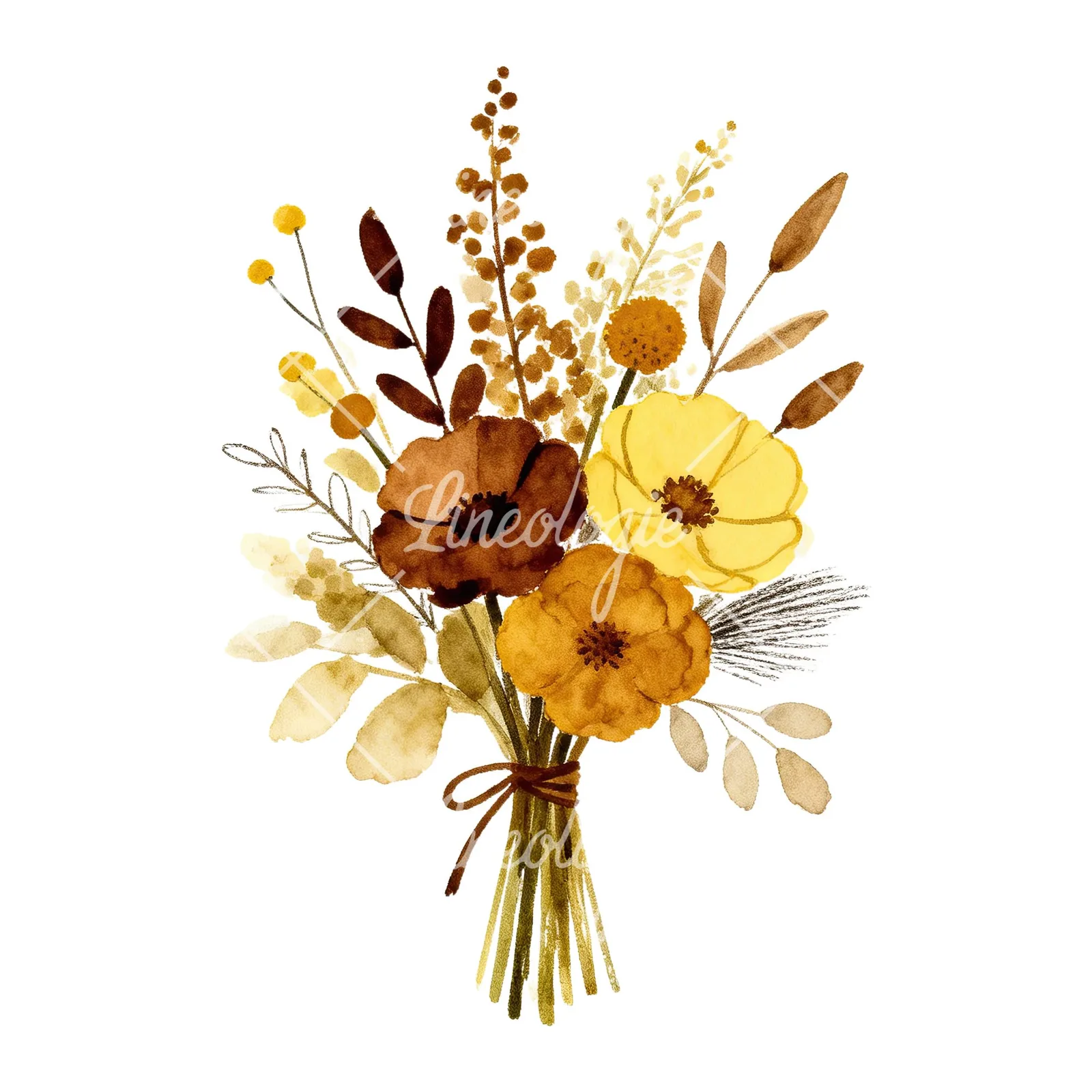 Watercolor boho mustard yellow and brown wedding bouquet clipart 1 of 9 on a white background (JPG)