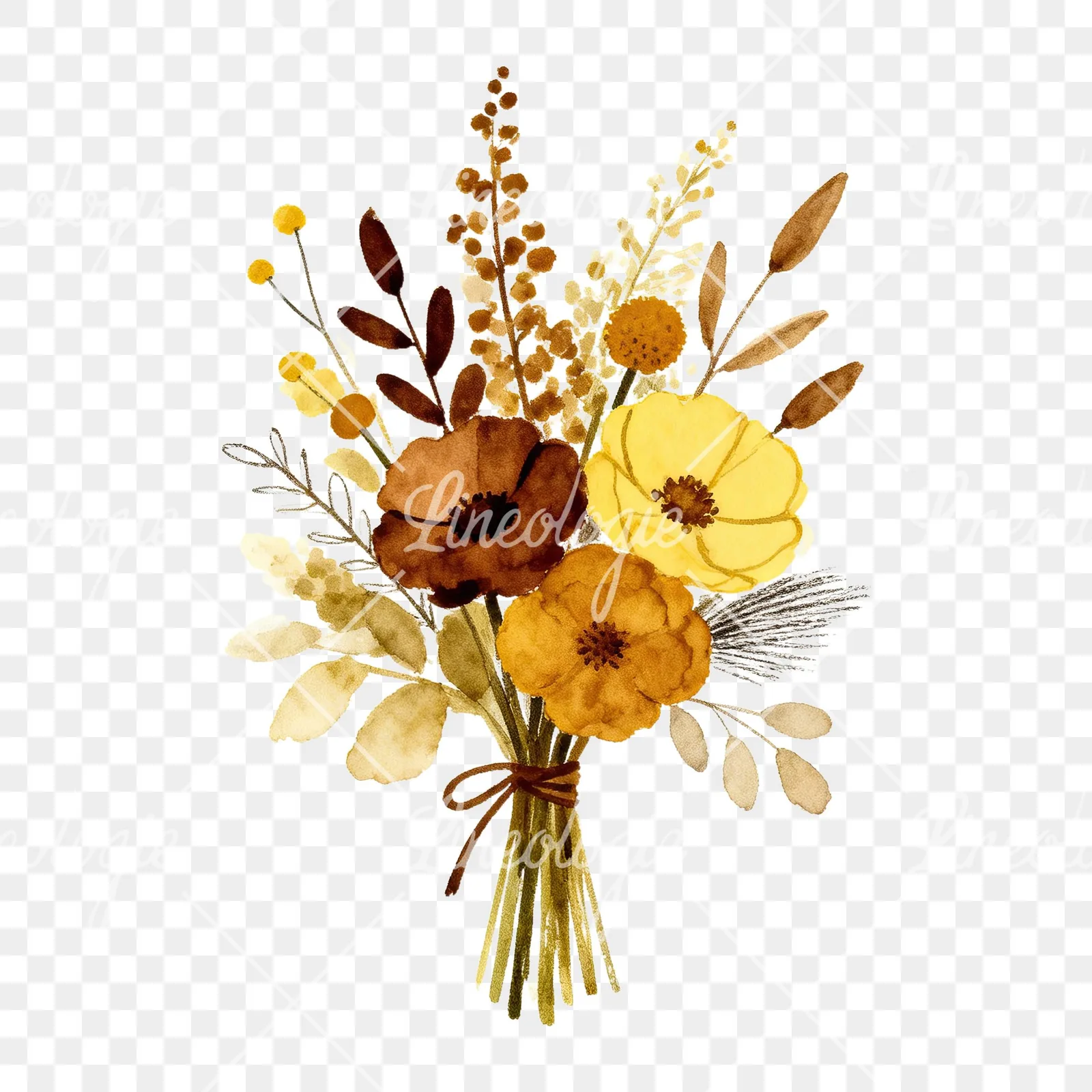 Watercolor boho mustard yellow and brown wedding bouquet clipart 1 of 9 on a transparent background (PNG)