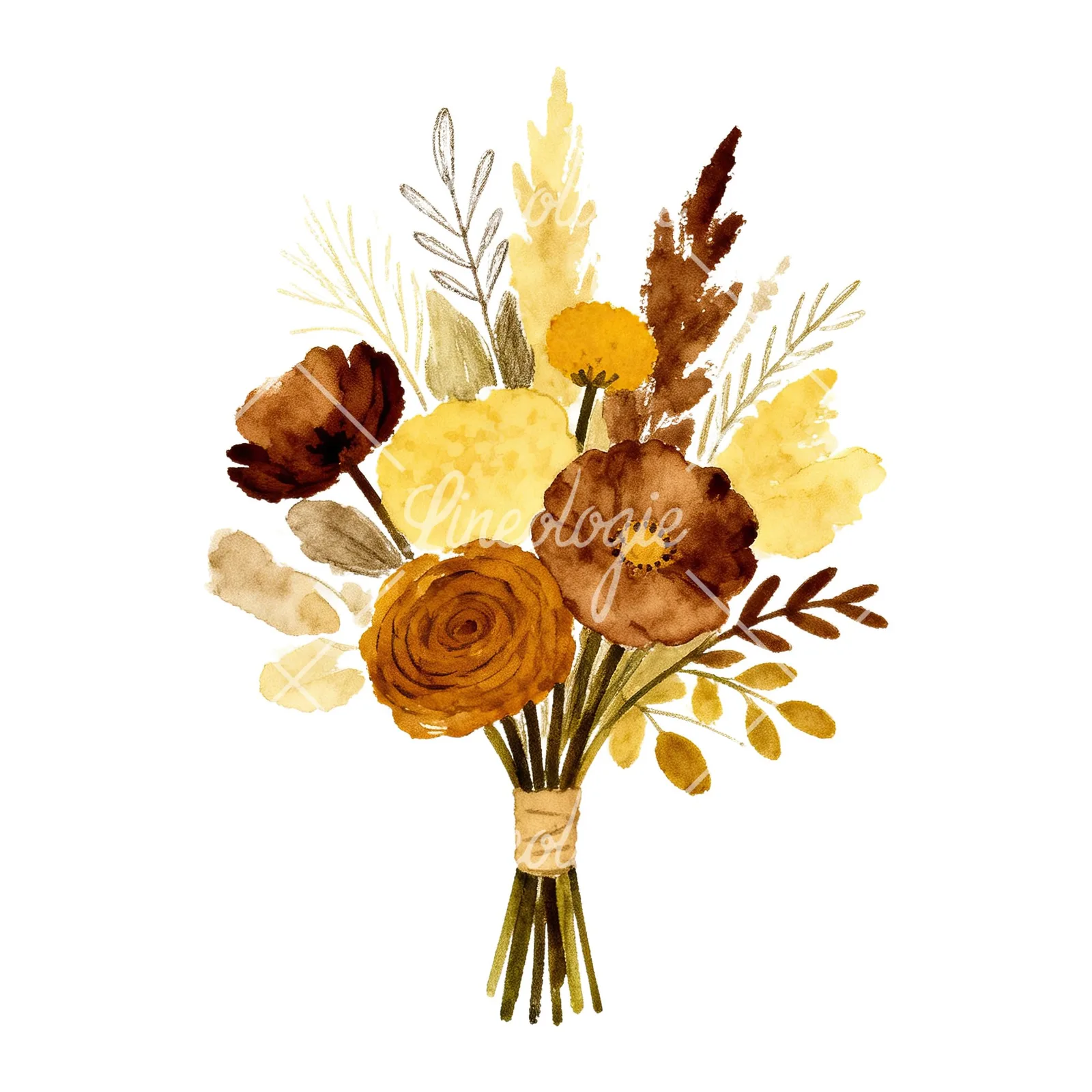 Watercolor boho mustard yellow and brown wedding bouquet clipart 2 of 9 on a white background (JPG)