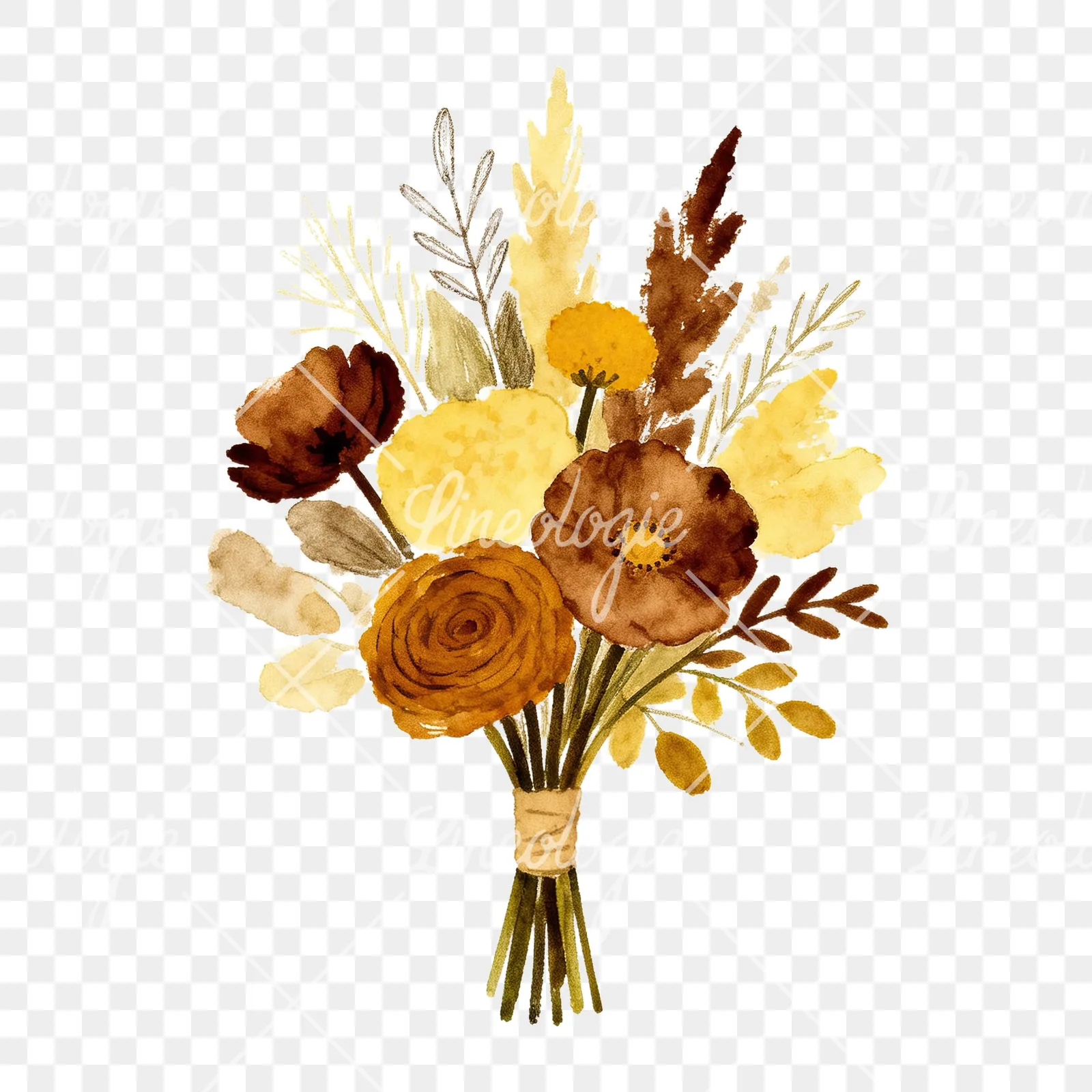 Watercolor boho mustard yellow and brown wedding bouquet clipart 2 of 9 on a transparent background (PNG)