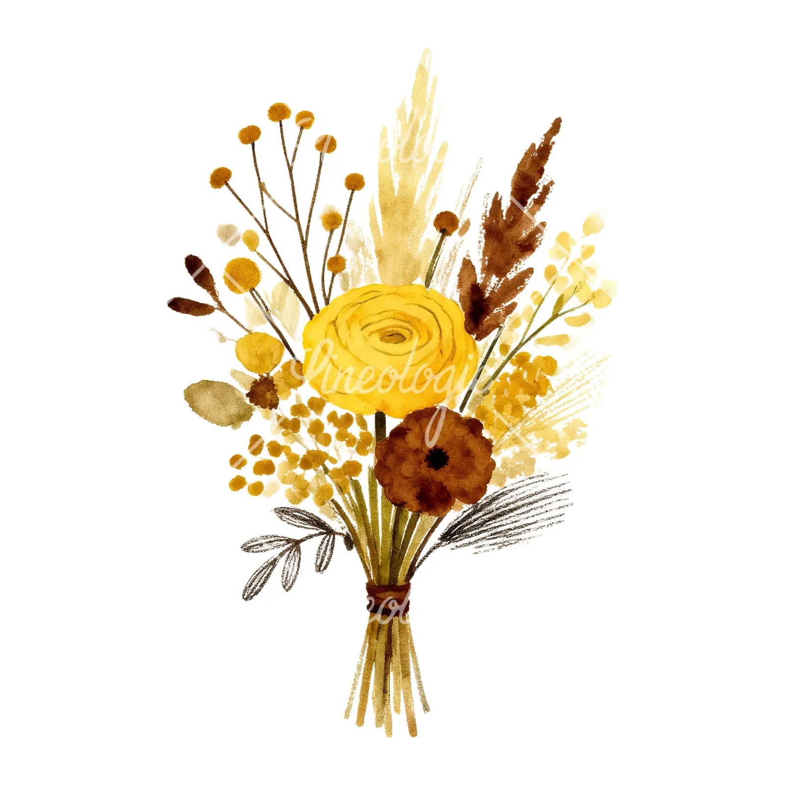 Watercolor boho mustard yellow and brown wedding bouquet clipart 3 of 9 on a white background (JPG)