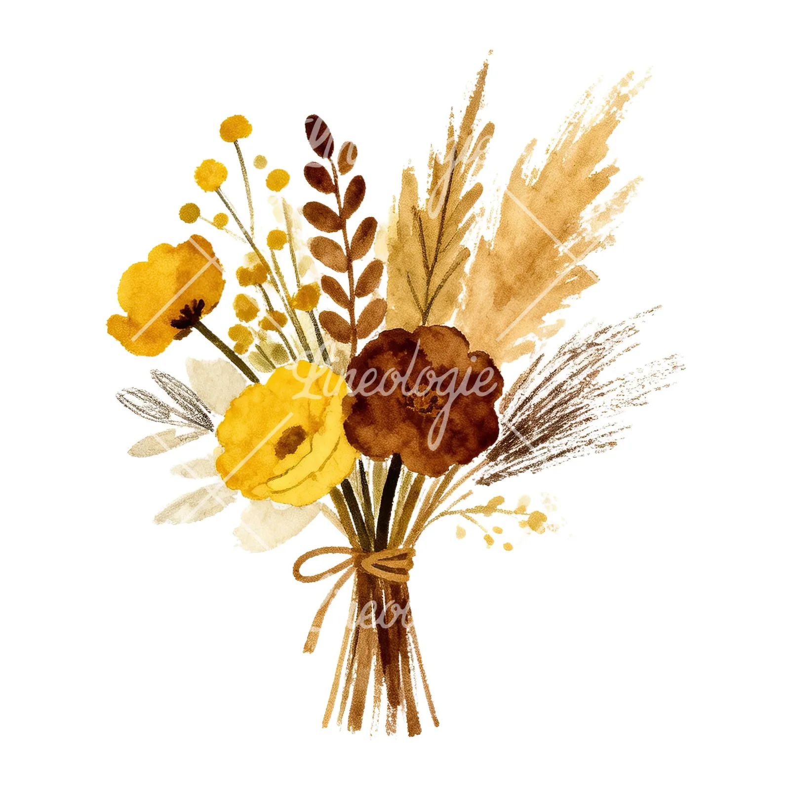 Watercolor boho mustard yellow and brown wedding bouquet clipart 4 of 9 on a white background (JPG)