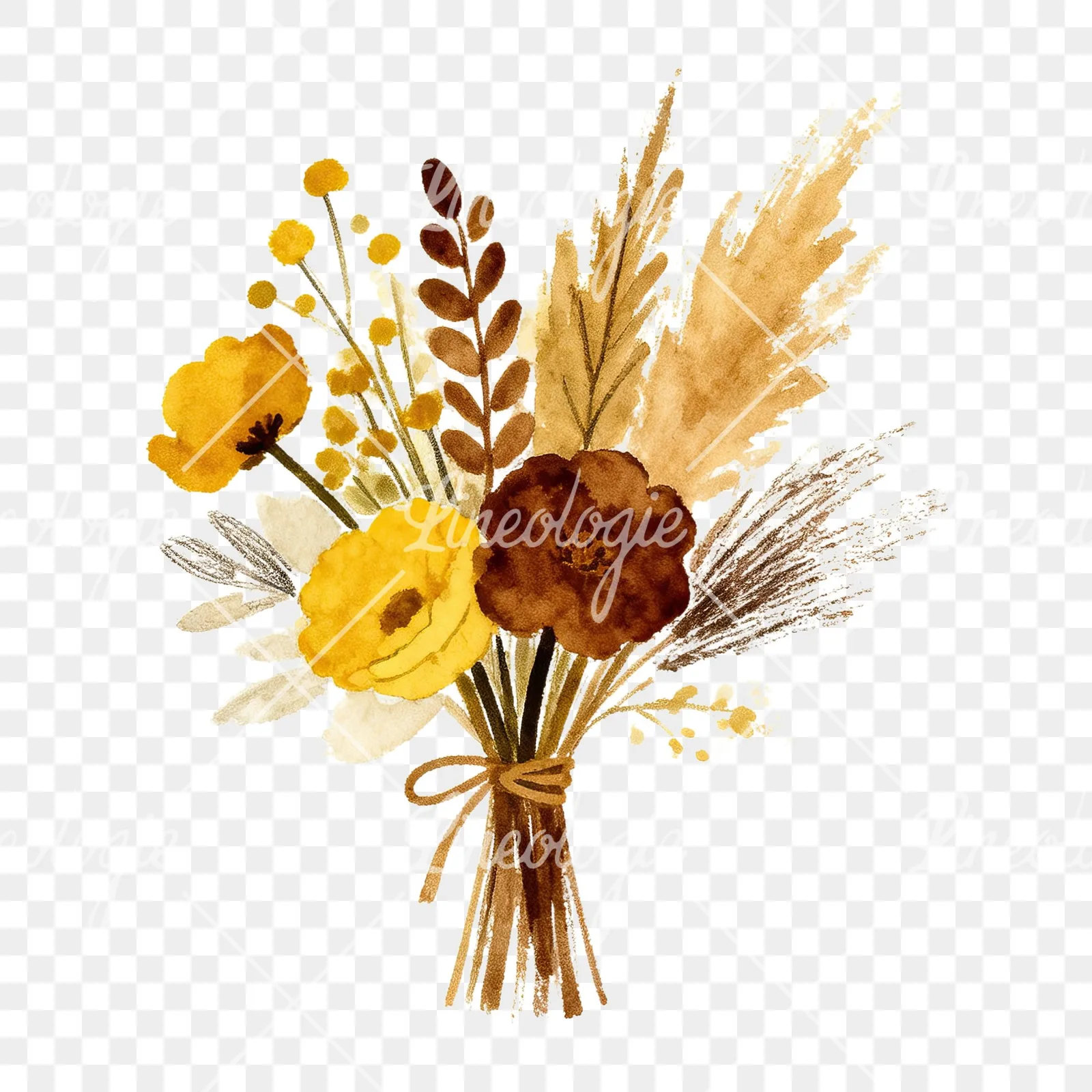 Watercolor boho mustard yellow and brown wedding bouquet clipart 4 of 9 on a transparent background (PNG)