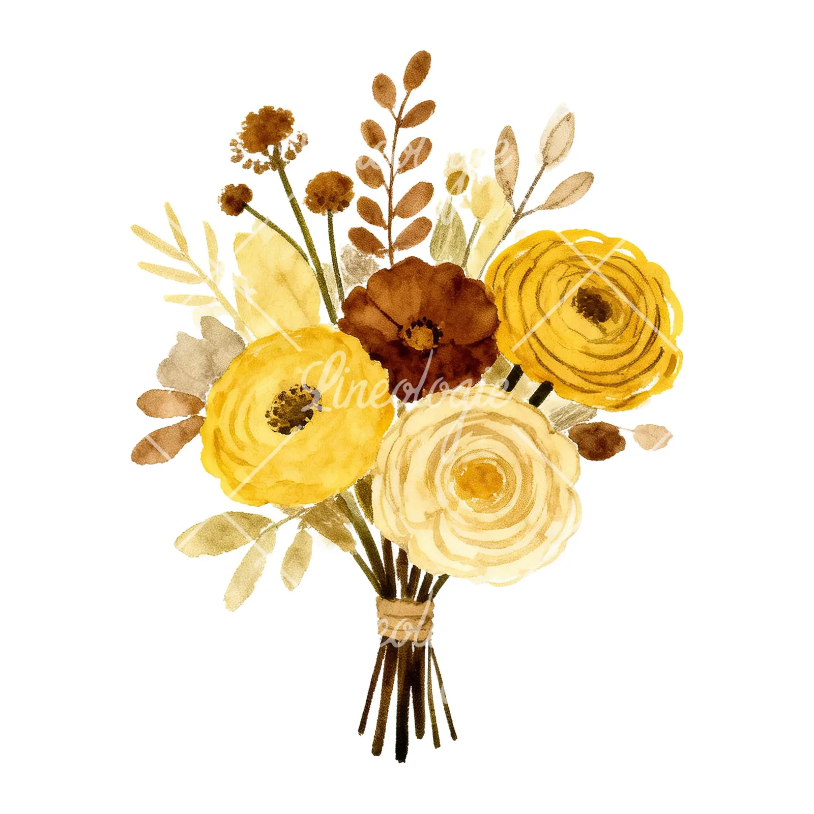 Watercolor boho mustard yellow and brown wedding bouquet clipart 5 of 9 on a white background (JPG)