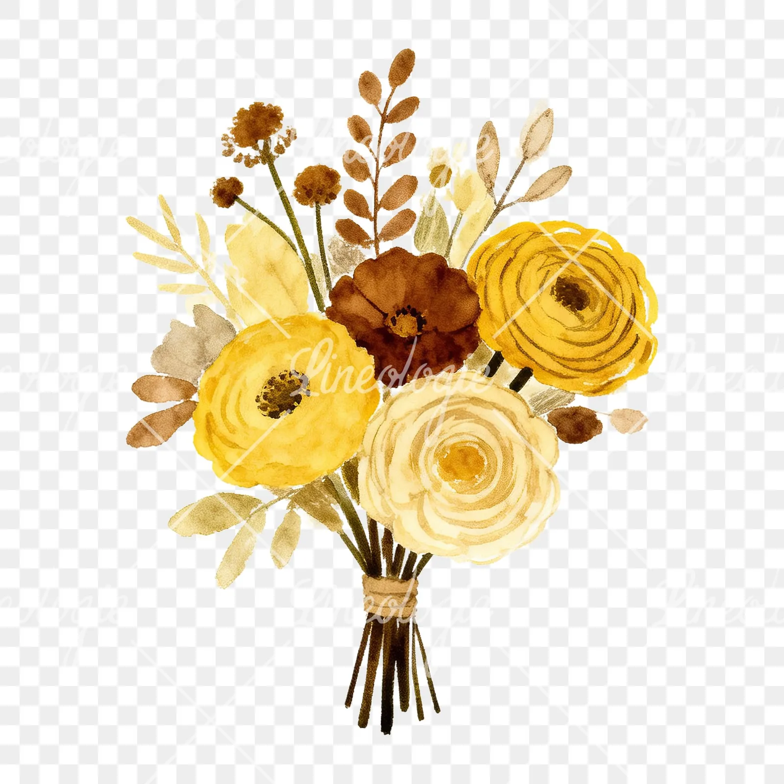 Watercolor boho mustard yellow and brown wedding bouquet clipart 5 of 9 on a transparent background (PNG)