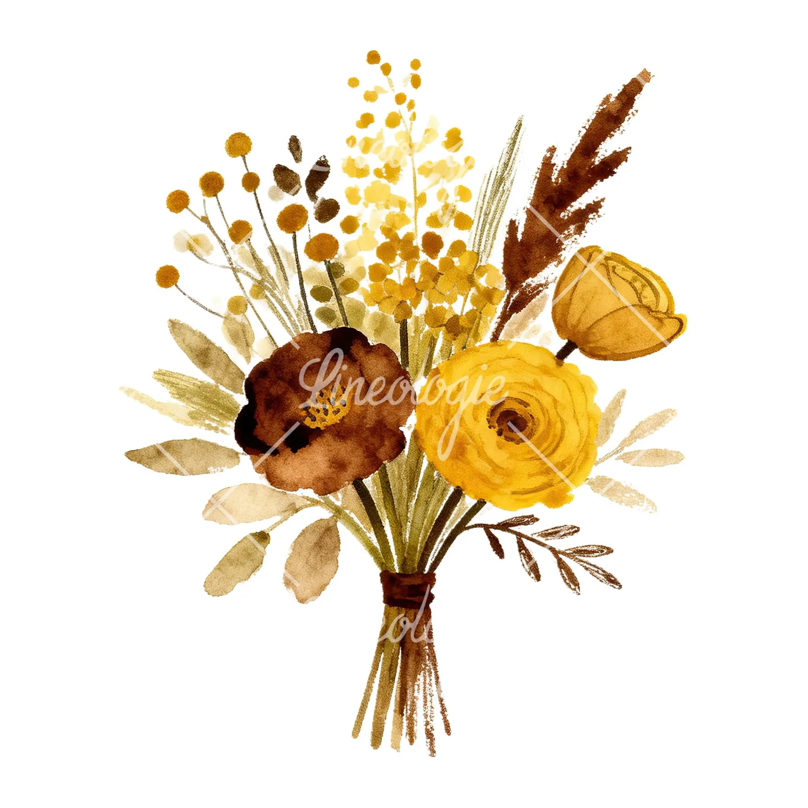 Watercolor boho mustard yellow and brown wedding bouquet clipart 6 of 9 on a white background (JPG)