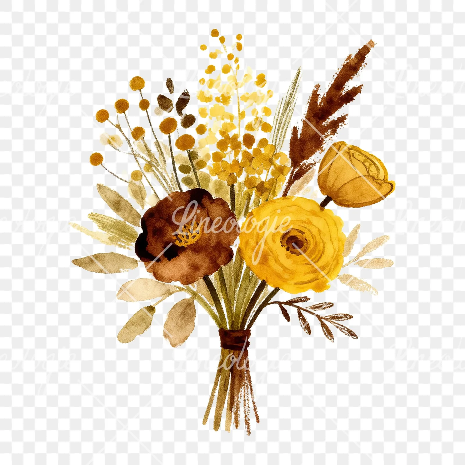 Watercolor boho mustard yellow and brown wedding bouquet clipart 6 of 9 on a transparent background (PNG)