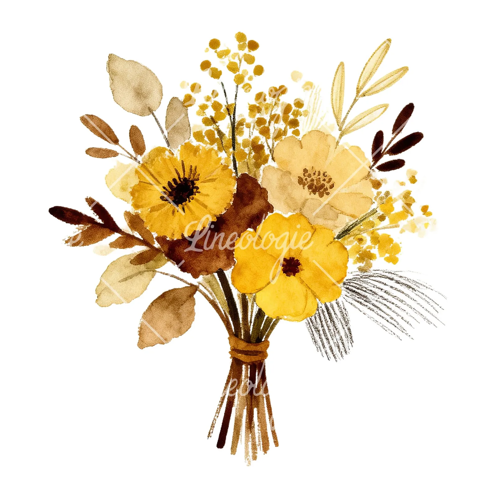 Watercolor boho mustard yellow and brown wedding bouquet clipart 7 of 9 on a white background (JPG)