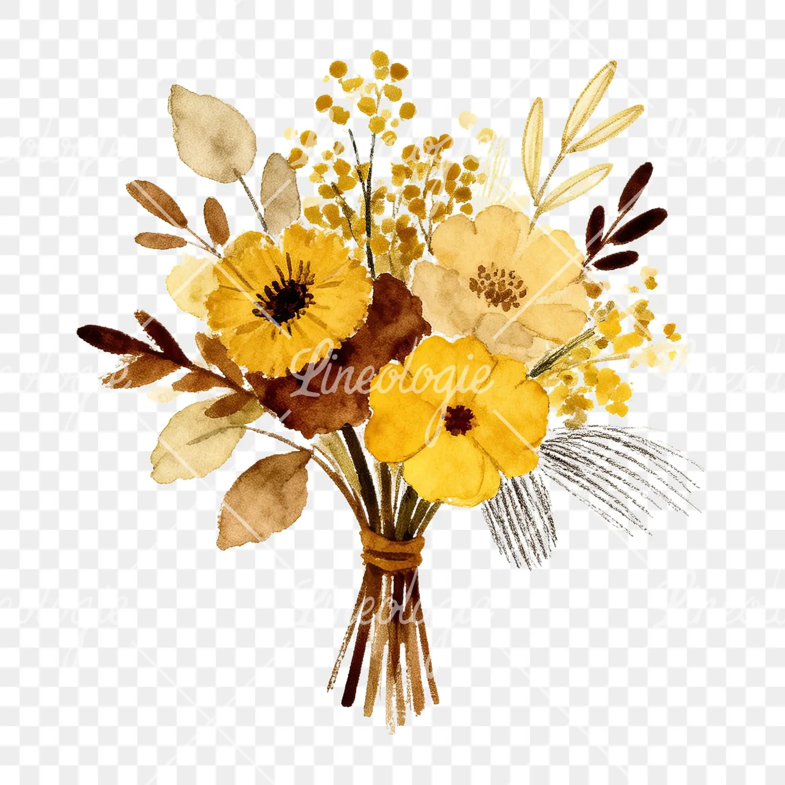 Watercolor boho mustard yellow and brown wedding bouquet clipart 7 of 9 on a transparent background (PNG)