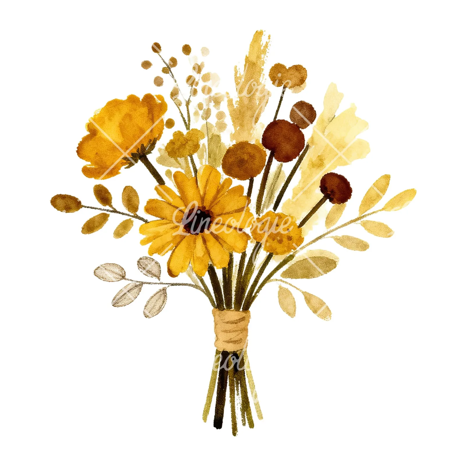 Watercolor boho mustard yellow and brown wedding bouquet clipart 8 of 9 on a white background (JPG)