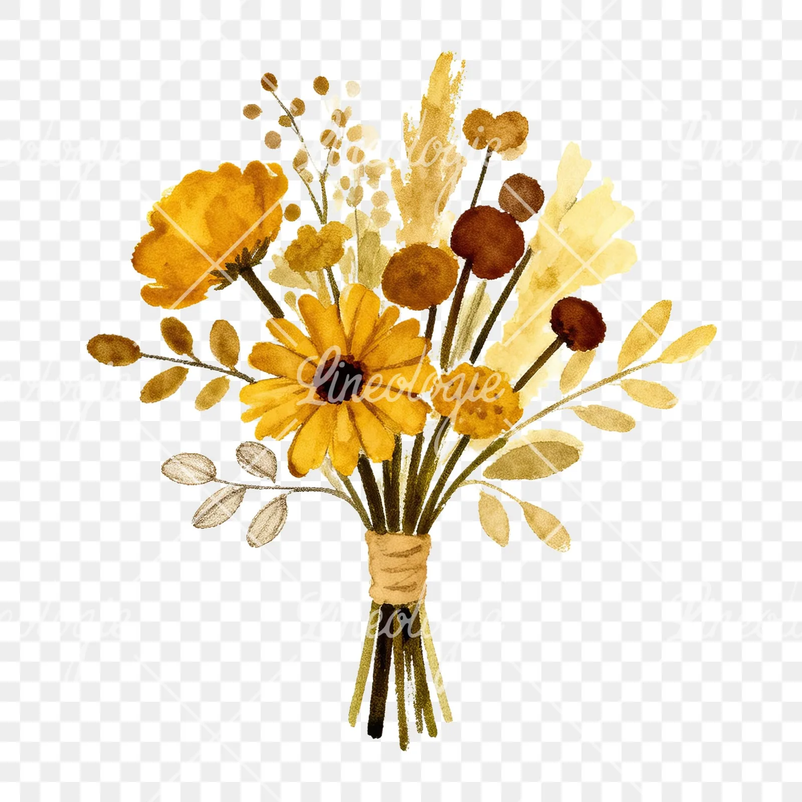 Watercolor boho mustard yellow and brown wedding bouquet clipart 8 of 9 on a transparent background (PNG)