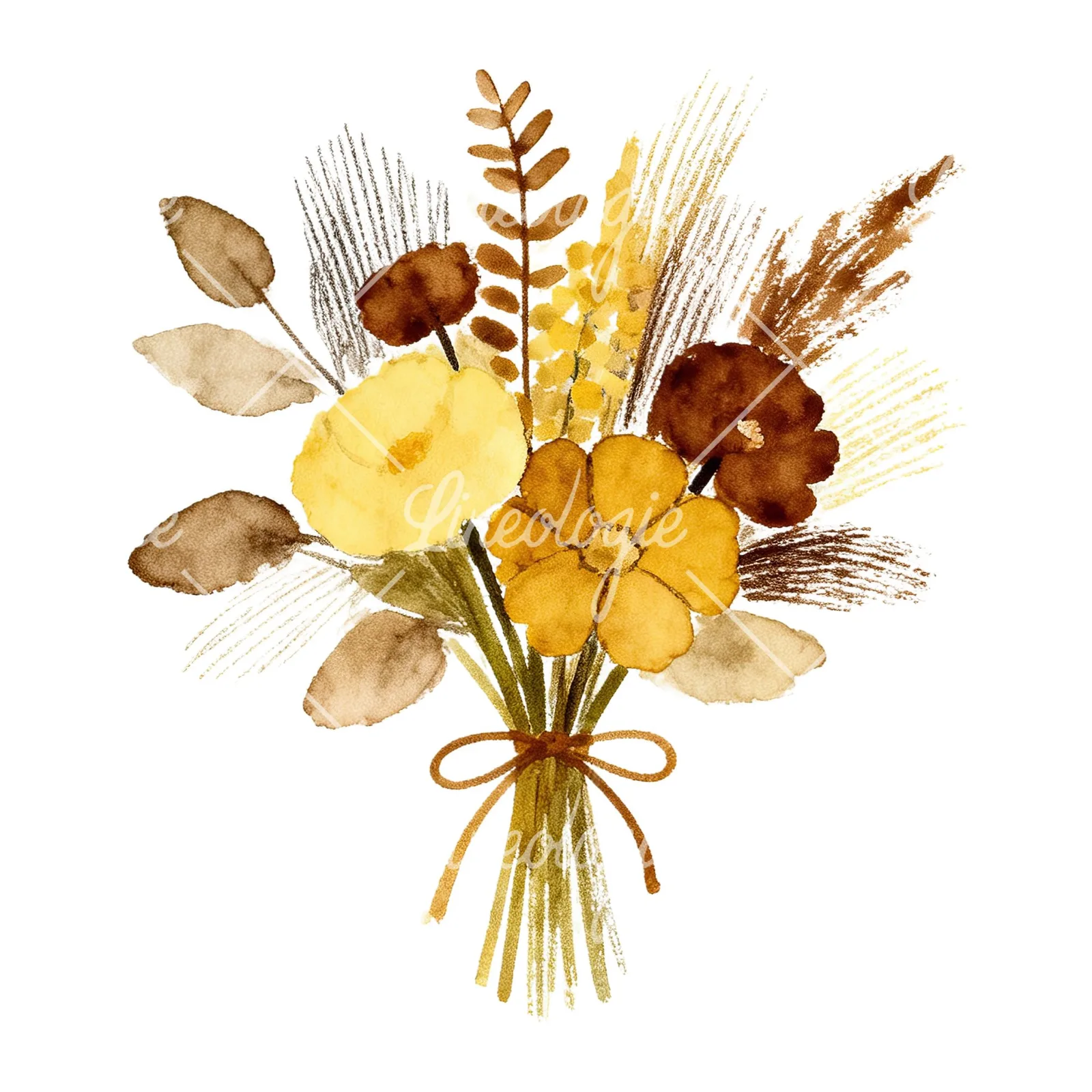 Watercolor boho mustard yellow and brown wedding bouquet clipart 9 of 9 on a white background (JPG)
