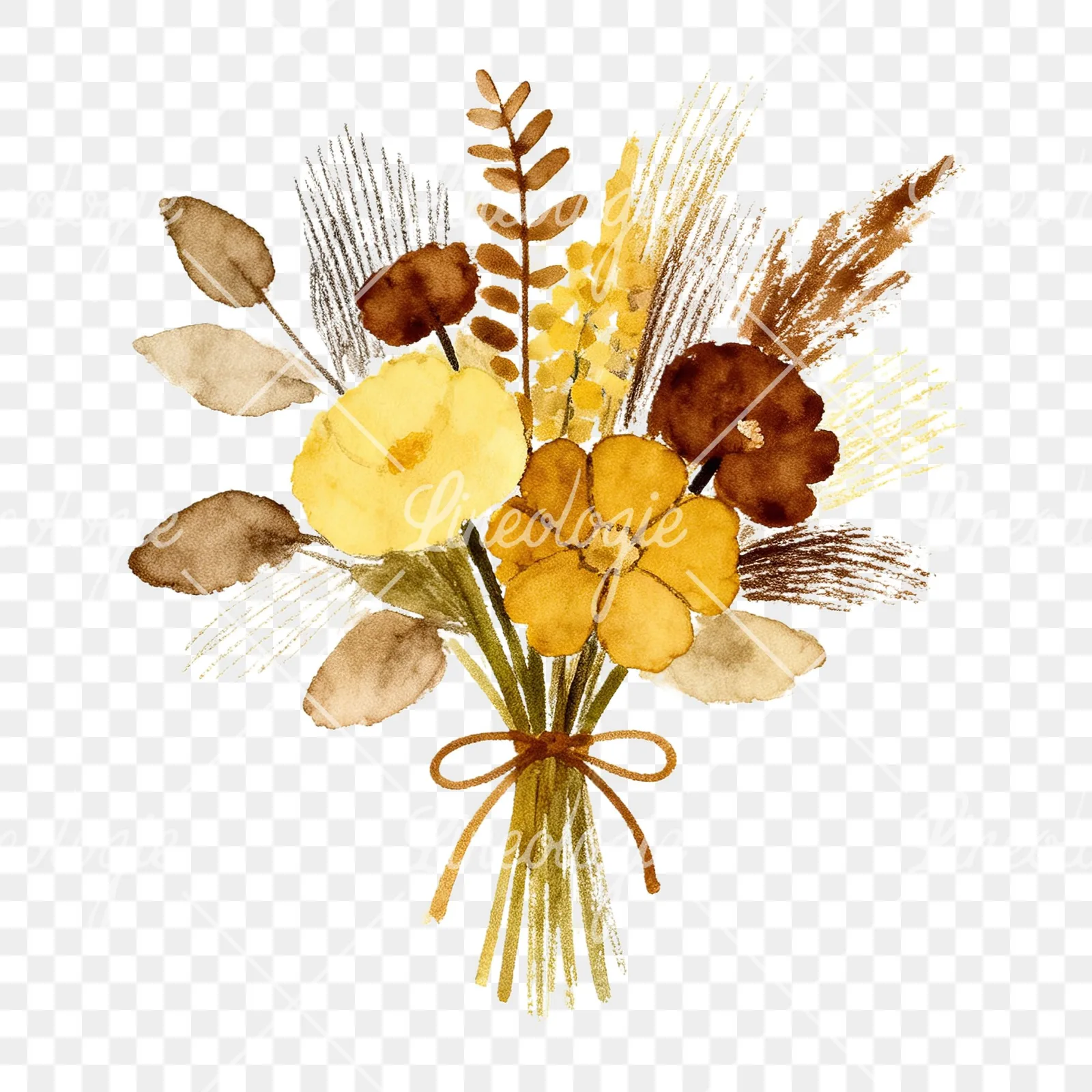 Watercolor boho mustard yellow and brown wedding bouquet clipart 9 of 9 on a transparent background (PNG)