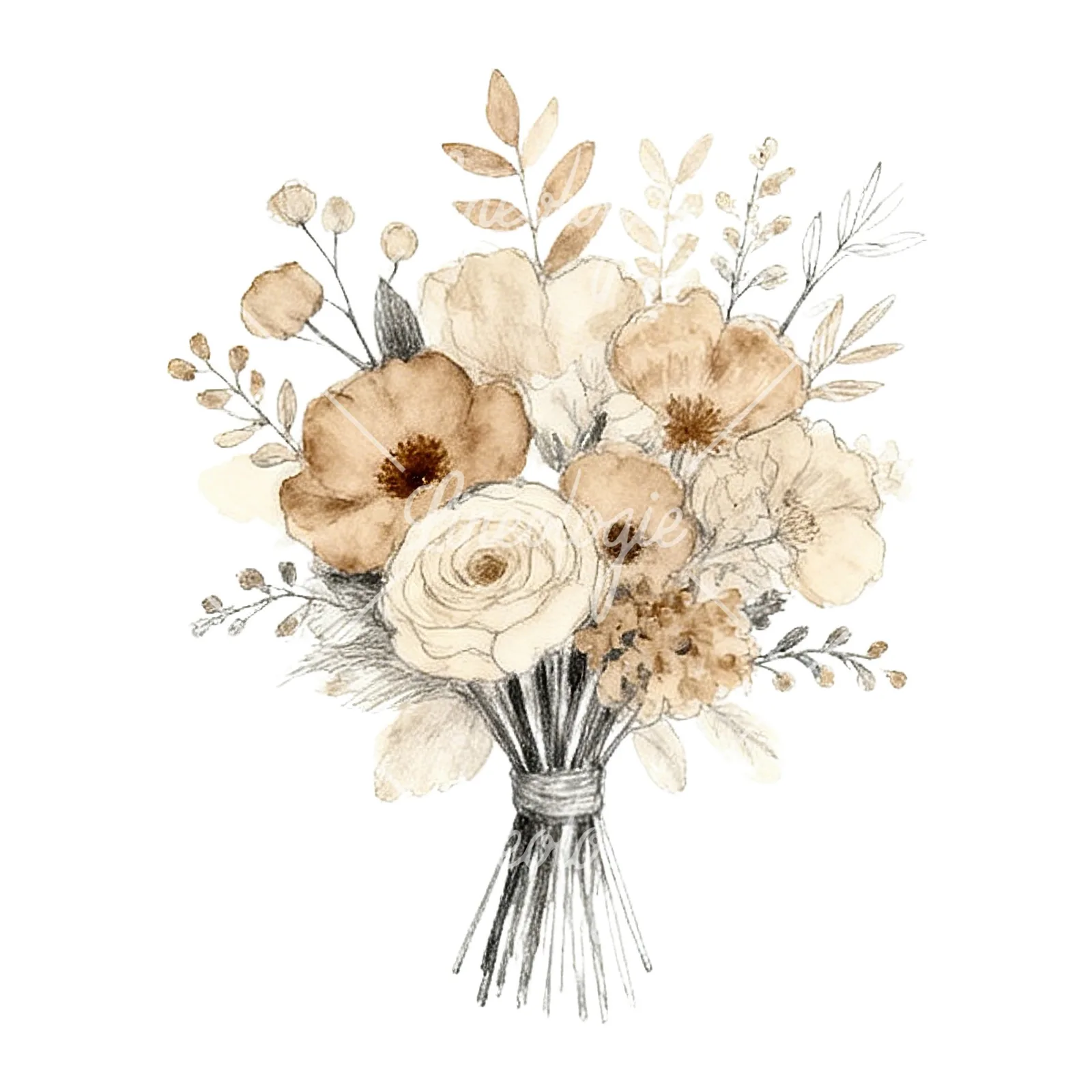 Watercolor boho neutral tones wedding bouquet clipart 1 of 9 on a white background (JPG)