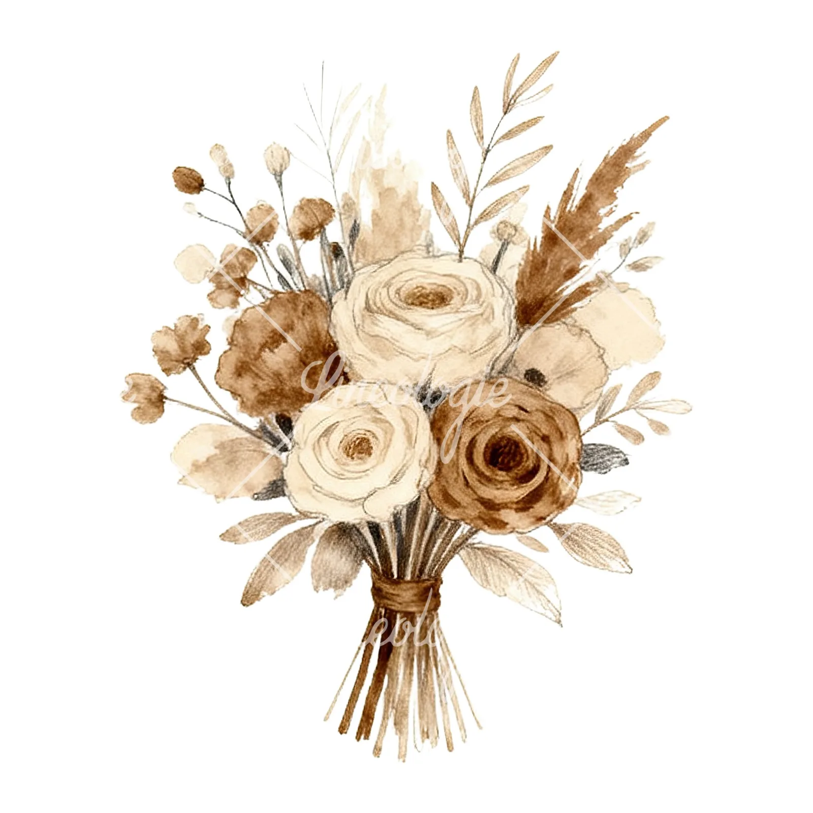 Watercolor boho neutral tones wedding bouquet clipart 2 of 9 on a white background (JPG)