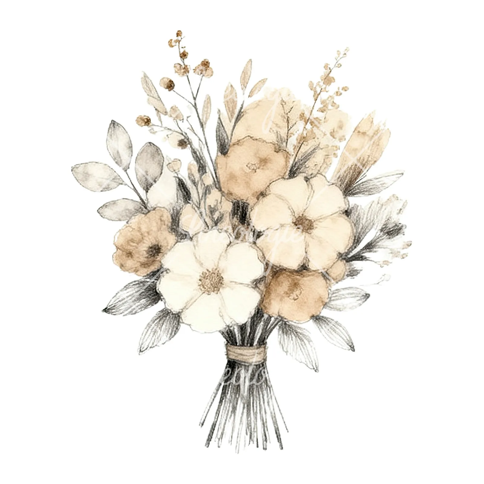 Watercolor boho neutral tones wedding bouquet clipart 3 of 9 on a white background (JPG)