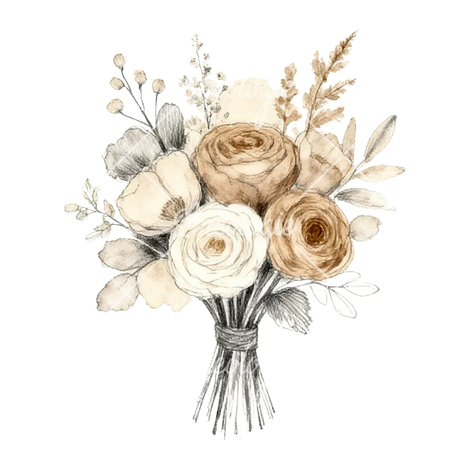 Watercolor boho neutral tones wedding bouquet clipart 4 of 9 on a white background (JPG)